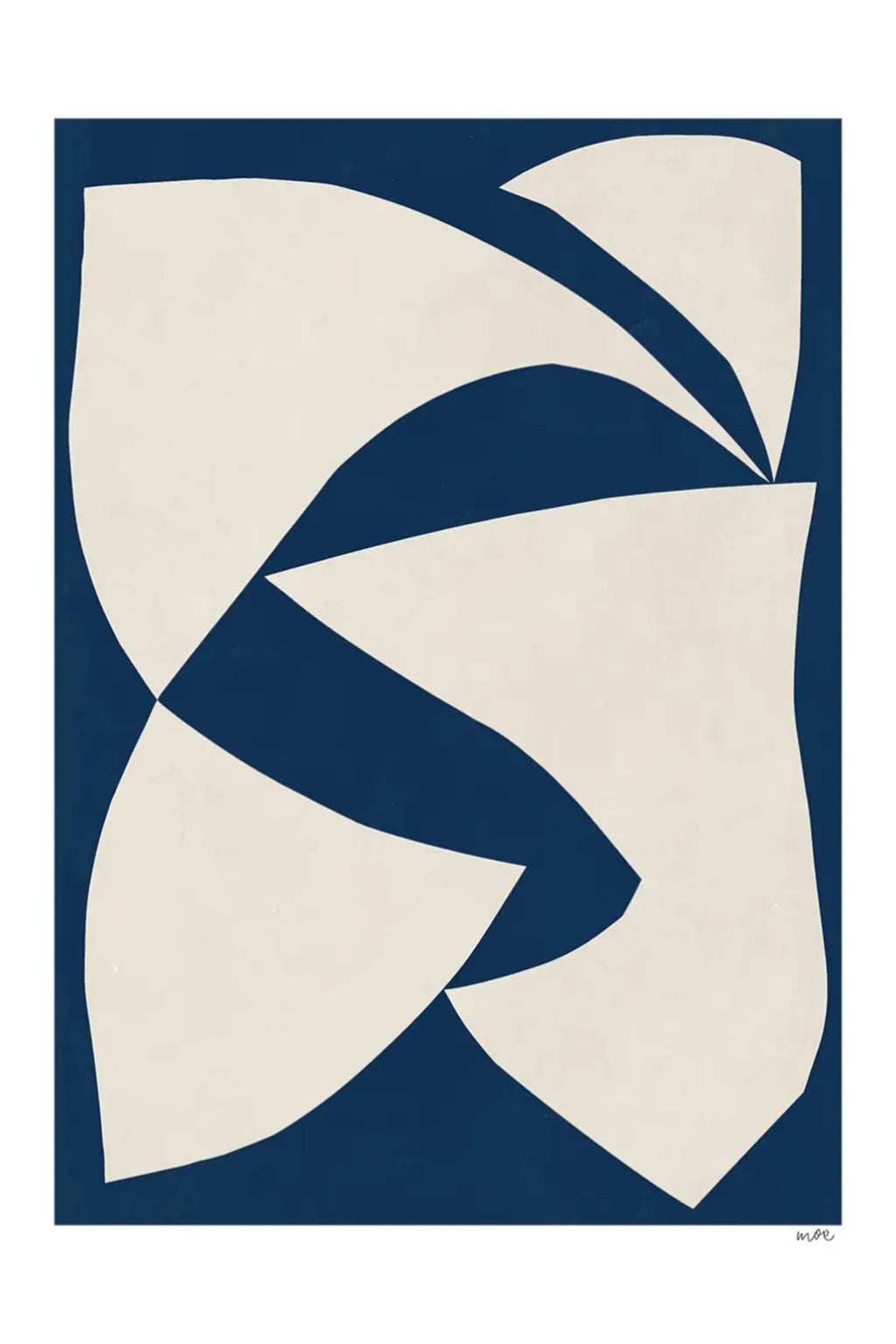 The Poster Club Dynamics, a modern abstract art print featuring organic cream-colored shapes with subtle texture, dynamically layered against a deep navy blue background. This minimalist design creates a striking visual contrast, perfect as contemporary wall art for a sophisticated living room, bedroom, or gallery wall.