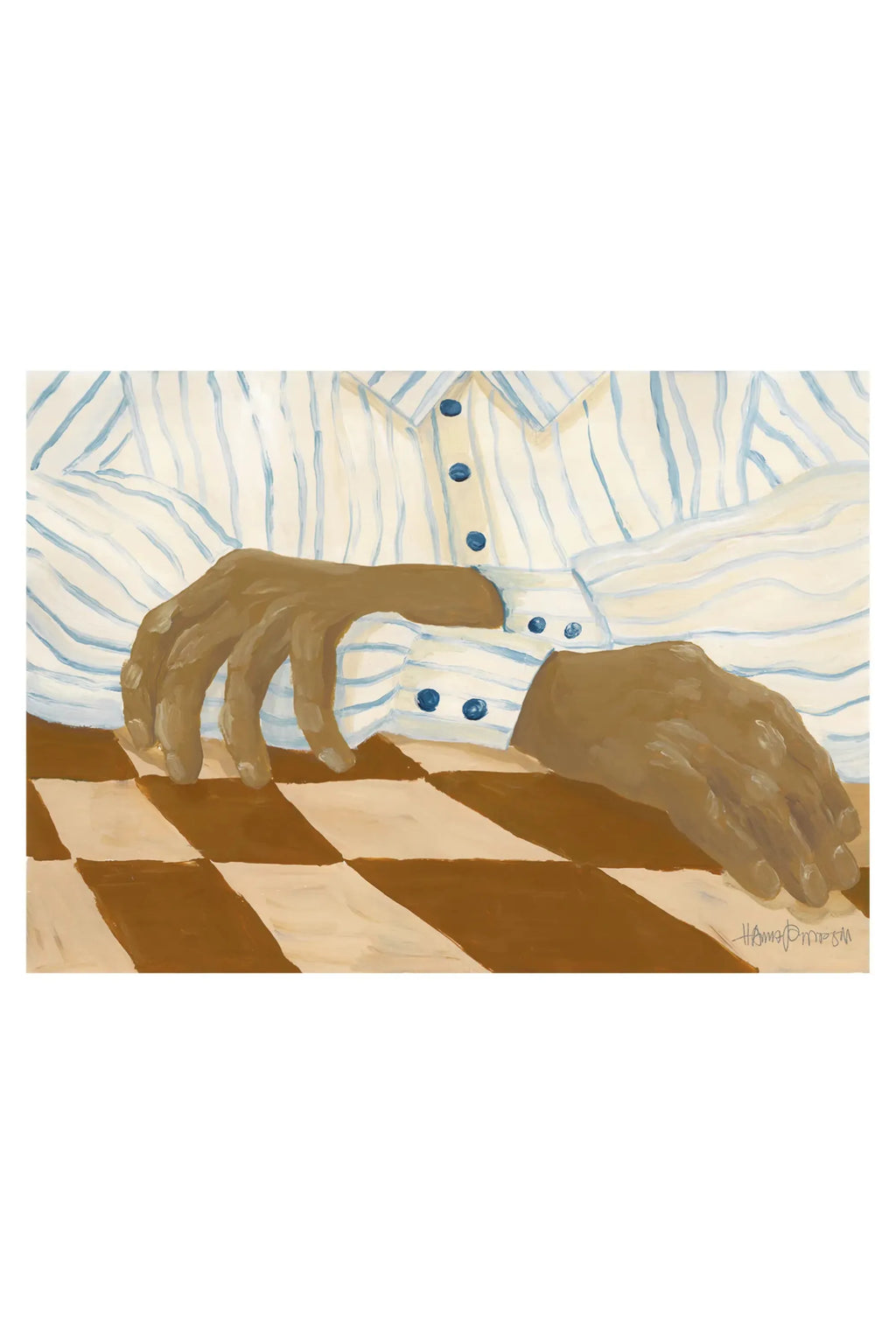 The Poster Club Light Stripes, a contemporary abstract art print depicting a person's hands resting on a brown and cream checkered surface, wearing a cream and light blue striped shirt with dark blue buttons. This modern minimalist wall art offers a serene, figurative design, perfect for adding a sophisticated touch to living rooms, bedrooms, or gallery wall art arrangements.