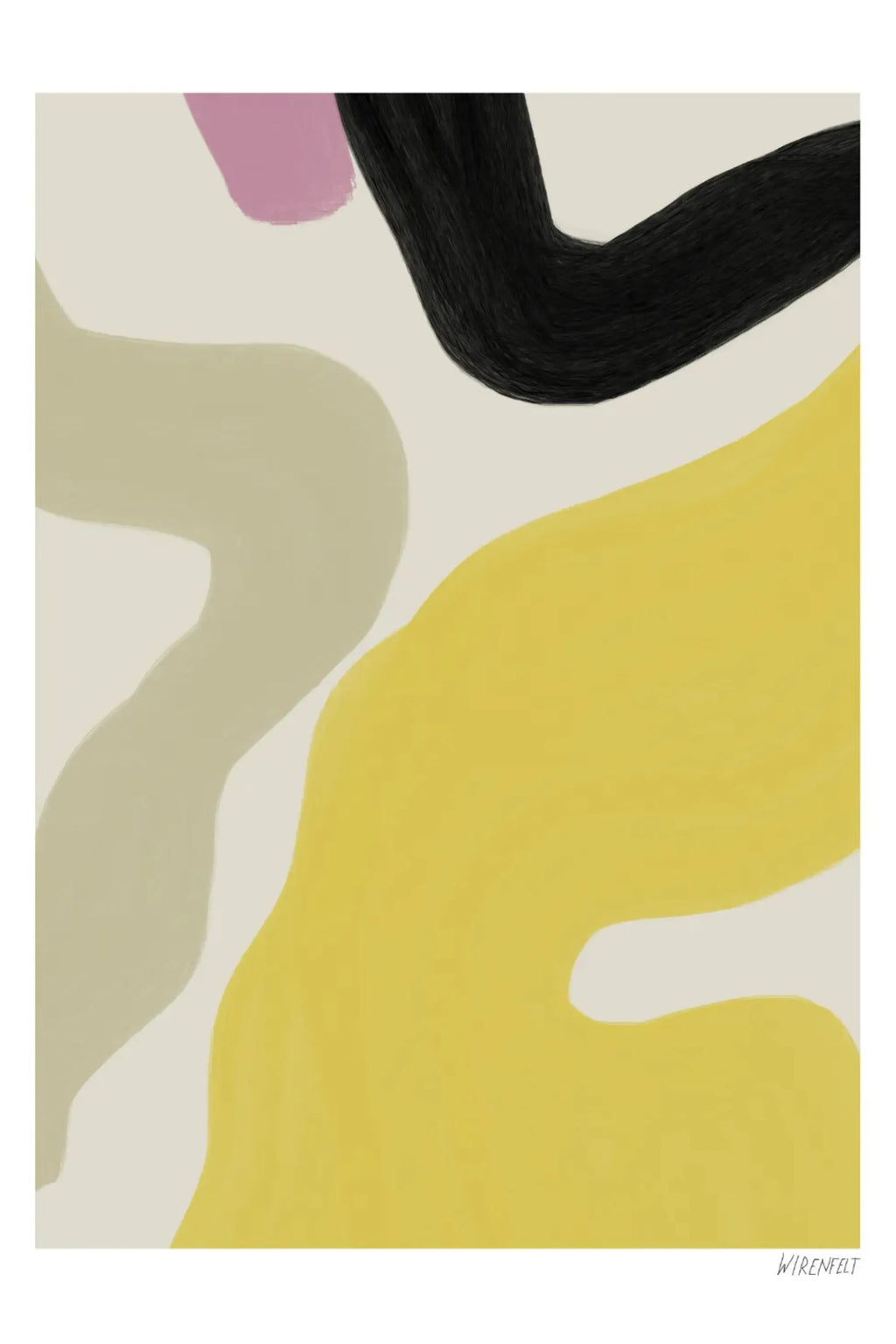 The Poster Club Solero, a contemporary abstract art print featuring fluid, organic shapes in a vibrant color palette of sunny yellow, soft blush pink, deep black, and warm beige, set against a creamy off-white background with a subtle painterly texture. This minimalist wall art is ideal for creating a focal point in modern living rooms, bedrooms, or enhancing a curated gallery wall with an organic modern aesthetic.