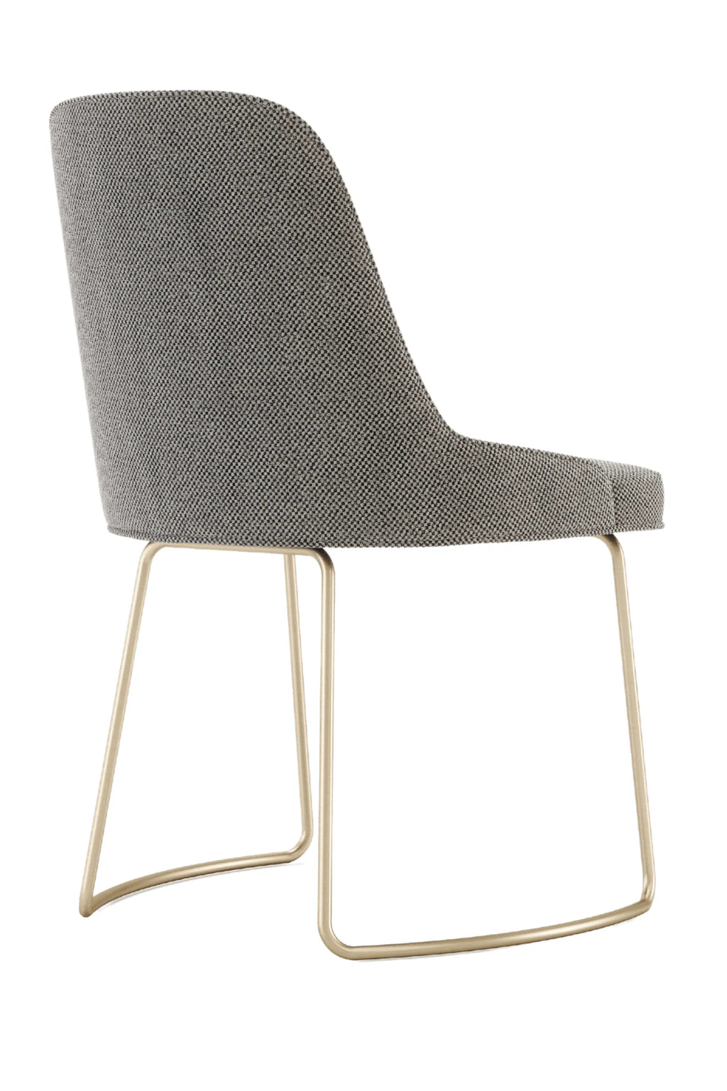 Domkapa Anna Chair - Metal, a contemporary dining chair featuring a gently curved silhouette upholstered in a speckled grey woven fabric, supported by a sleek brushed gold metal sled base.