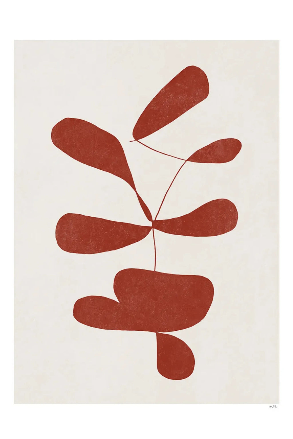The Poster Club Botanik I, a minimalist abstract botanical poster featuring organic, leaf-like shapes in a warm terracotta red hue with a distressed, textured finish against a soft cream background. This modern art print is perfect for Scandinavian living rooms, organic modern bedrooms, or contemporary gallery walls.