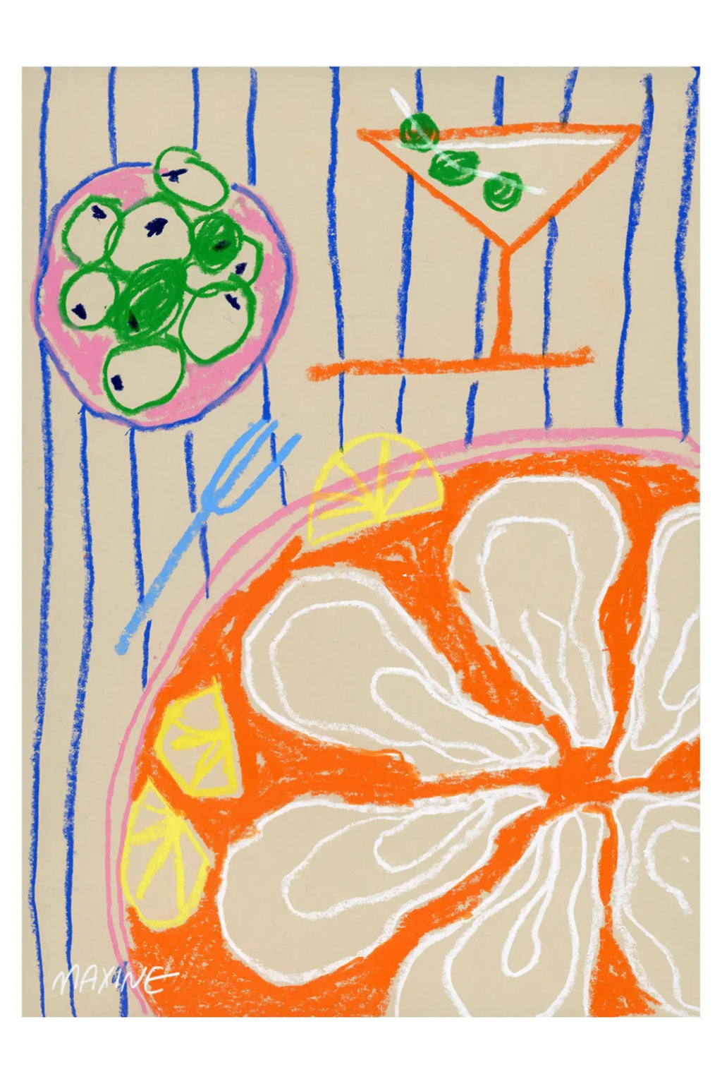The Poster Club Martini and Oysters, a vibrant abstract art print featuring a playful hand-drawn illustration with a crayon texture. This colorful poster depicts a bright orange martini glass with green olives, a pink bowl of green olives, and a large orange citrus slice with yellow accents, all set against a beige background with bold blue stripes. It's perfect modern wall art for a contemporary kitchen, dining room, or bar cart styling.