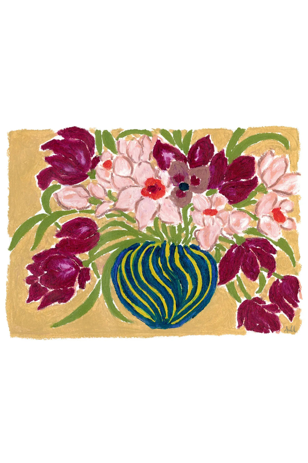 The Poster Club Dulcet, a vibrant folk art floral print featuring a still life of bold pink and deep magenta flowers with green leaves, arranged in a striking teal vase adorned with bright yellow wavy stripes, all set against a warm golden ochre background. This colorful abstract flower poster has a rich, painterly texture with visible brushstrokes, giving it an expressionist and handcrafted feel.