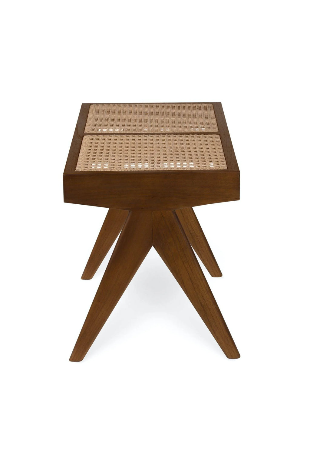 Detjer Rattan Bench 2, a mid-century modern bench featuring a robust dark solid wood frame with elegantly angled, tapered legs and two natural hand-woven cane rattan seating panels. This versatile Scandinavian-style accent bench is perfect for entryway seating, a bedroom foot-of-bed bench, or as a chic living room console.