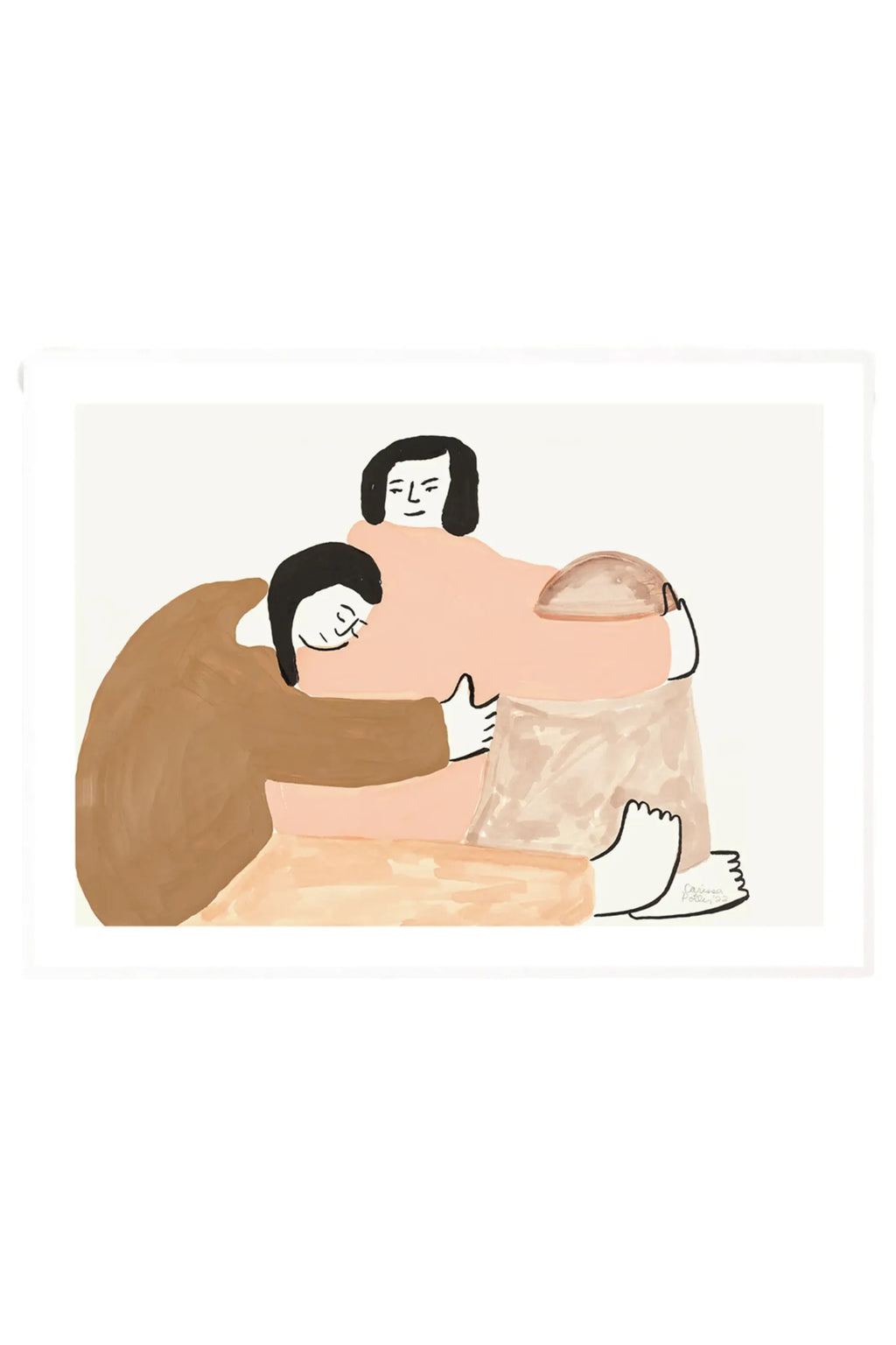 The Poster Club Stay Close, a modern minimalist abstract figurative art print depicting two embracing figures rendered in warm muted peach, brown, and beige tones with bold black outlines on a clean white background. This emotional illustration poster is ideal for adding a touch of contemporary warmth to Scandinavian living rooms, cozy bedrooms, or a curated gallery wall.