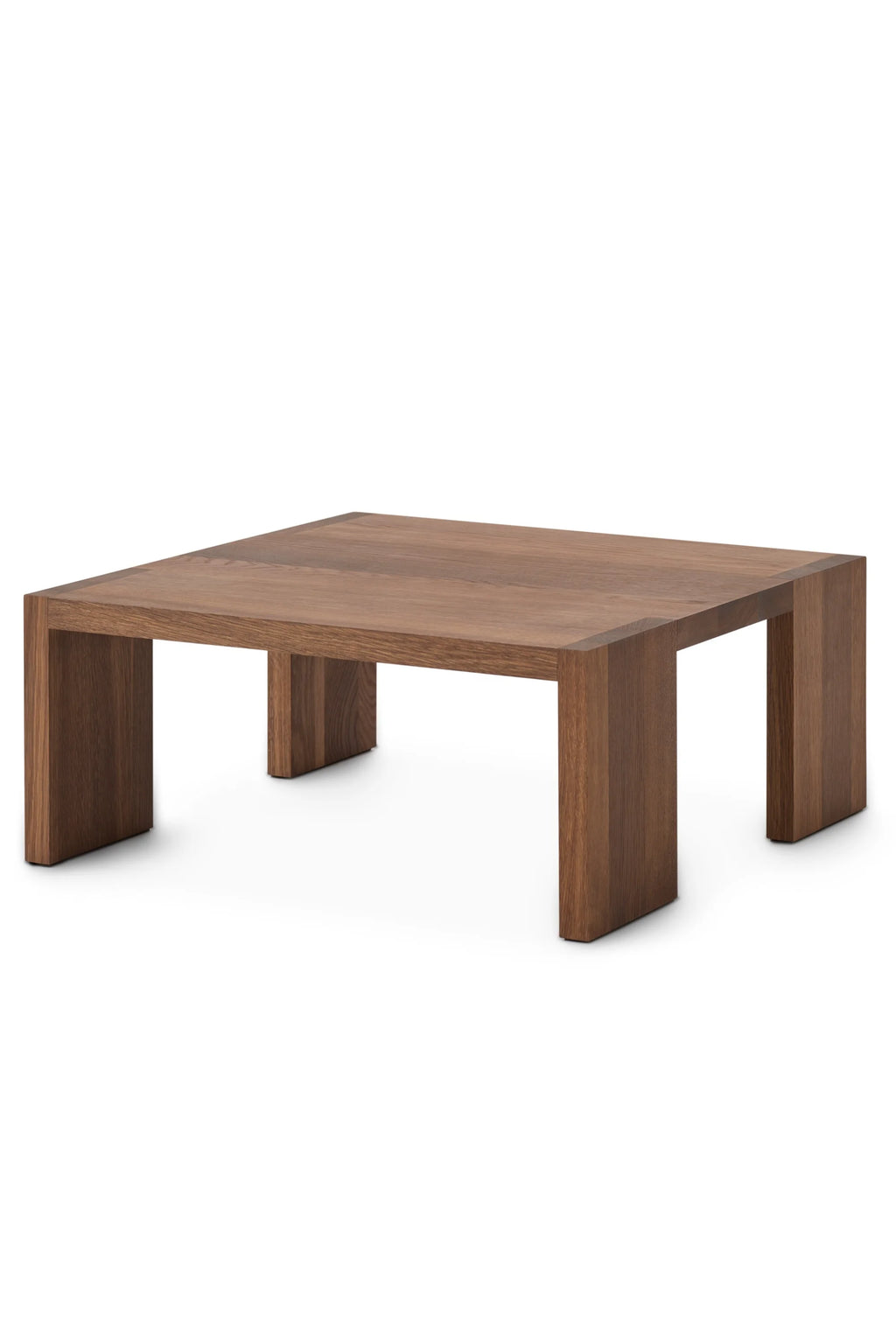 New Works Tenon Side Table, a modern minimalist square coffee table crafted from rich dark walnut solid wood with a substantial, low-profile design and clean architectural lines.