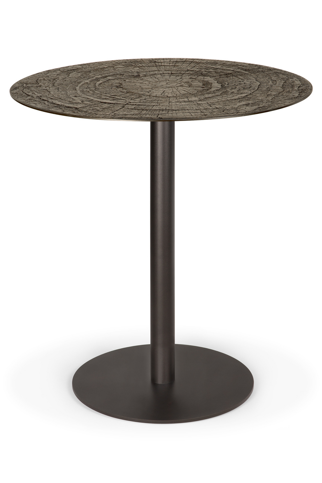 Ethnicraft Blend Round Dining Table, a striking contemporary round dining table featuring a dark oak wood veneer top with a deeply textured, rough-sawn finish and distinctive circular grain pattern. It is supported by a sleek matte black metal pedestal base and round foot, offering an industrial chic or organic modern aesthetic. Ideal for a stylish dining room, kitchen, or compact bistro area.