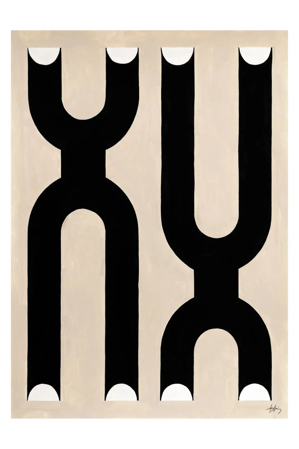 The Poster Club Life, a minimalist abstract art print featuring bold black interlocking U-shaped organic forms against a warm light beige background, accented with small white semi-circles at the top and bottom of.