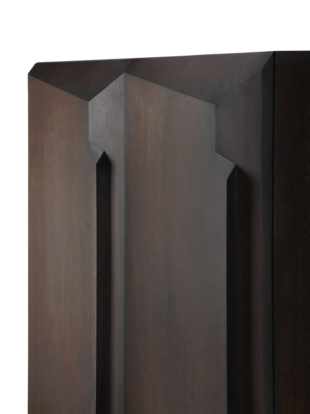 Ethnicraft Stairs Cupboard, a striking dark brown solid oak cupboard featuring a unique geometric faceted design inspired by architectural forms, with a deep wenge stain that highlights the natural wood grain and creates dynamic shadow play. This contemporary storage cabinet offers sophisticated style for modern living rooms, dining areas, or elegant entryways.