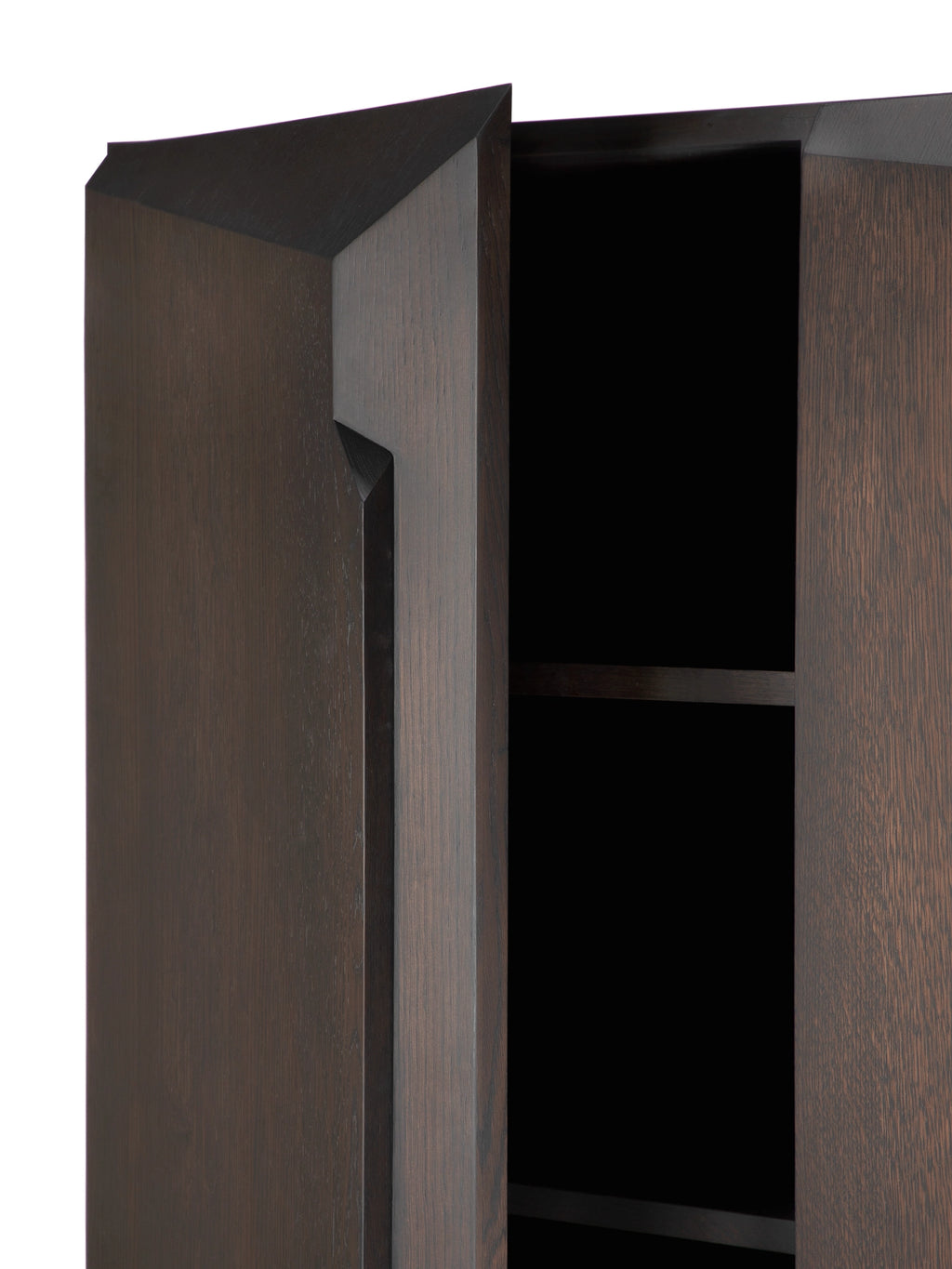 Ethnicraft Stairs Cupboard, a dark brown solid oak cupboard featuring a rich, textured wood grain and striking geometric faceted door design that creates a sculptural effect. This modern storage cabinet offers practical internal shelving for organized storage. It is perfect for contemporary living rooms, elegant dining spaces, or stylish entryways as a sophisticated accent piece.