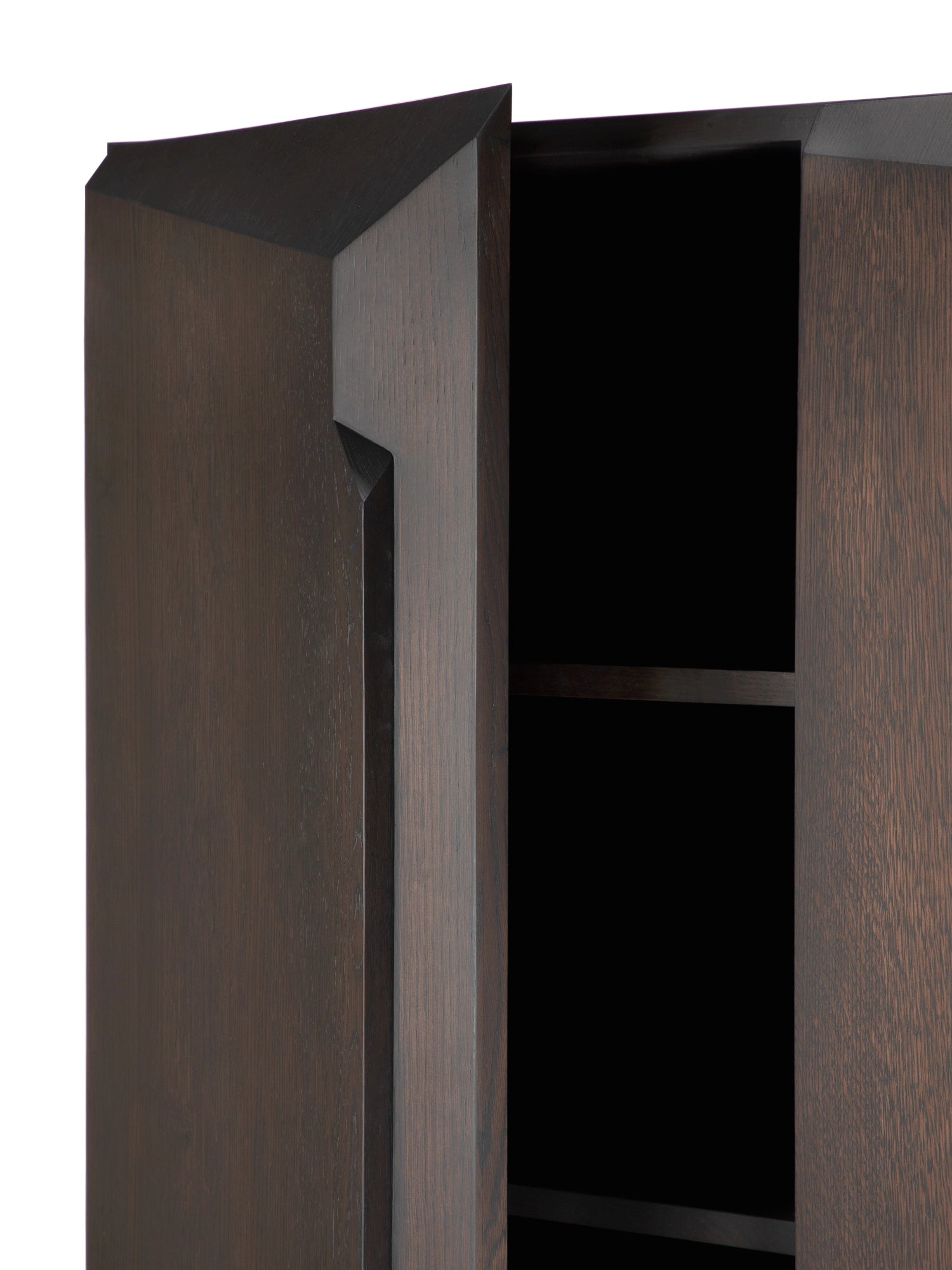 Ethnicraft Stairs Cupboard, a dark brown solid oak cupboard featuring a rich, textured wood grain and striking geometric faceted door design that creates a sculptural effect. This modern storage cabinet offers practical internal shelving for organized storage. It is perfect for contemporary living rooms, elegant dining spaces, or stylish entryways as a sophisticated accent piece.