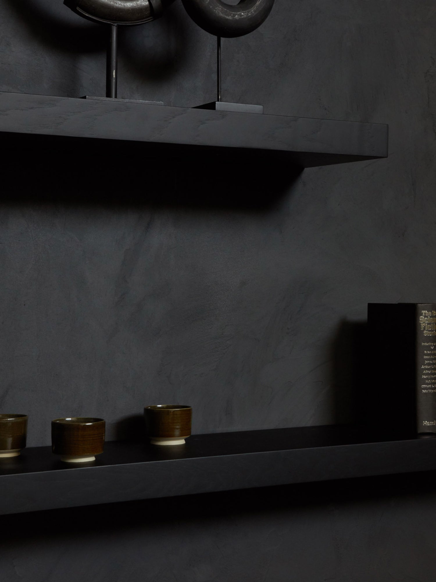 Ethnicraft Wall Shelf, a sleek modern minimalist floating shelf crafted from dark solid wood with a matte black finish and subtle wood grain texture. Its clean, rectangular silhouette offers a contemporary storage solution for any room. Ideal for Scandinavian living rooms, modern bedrooms, or minimalist home office shelf styling.