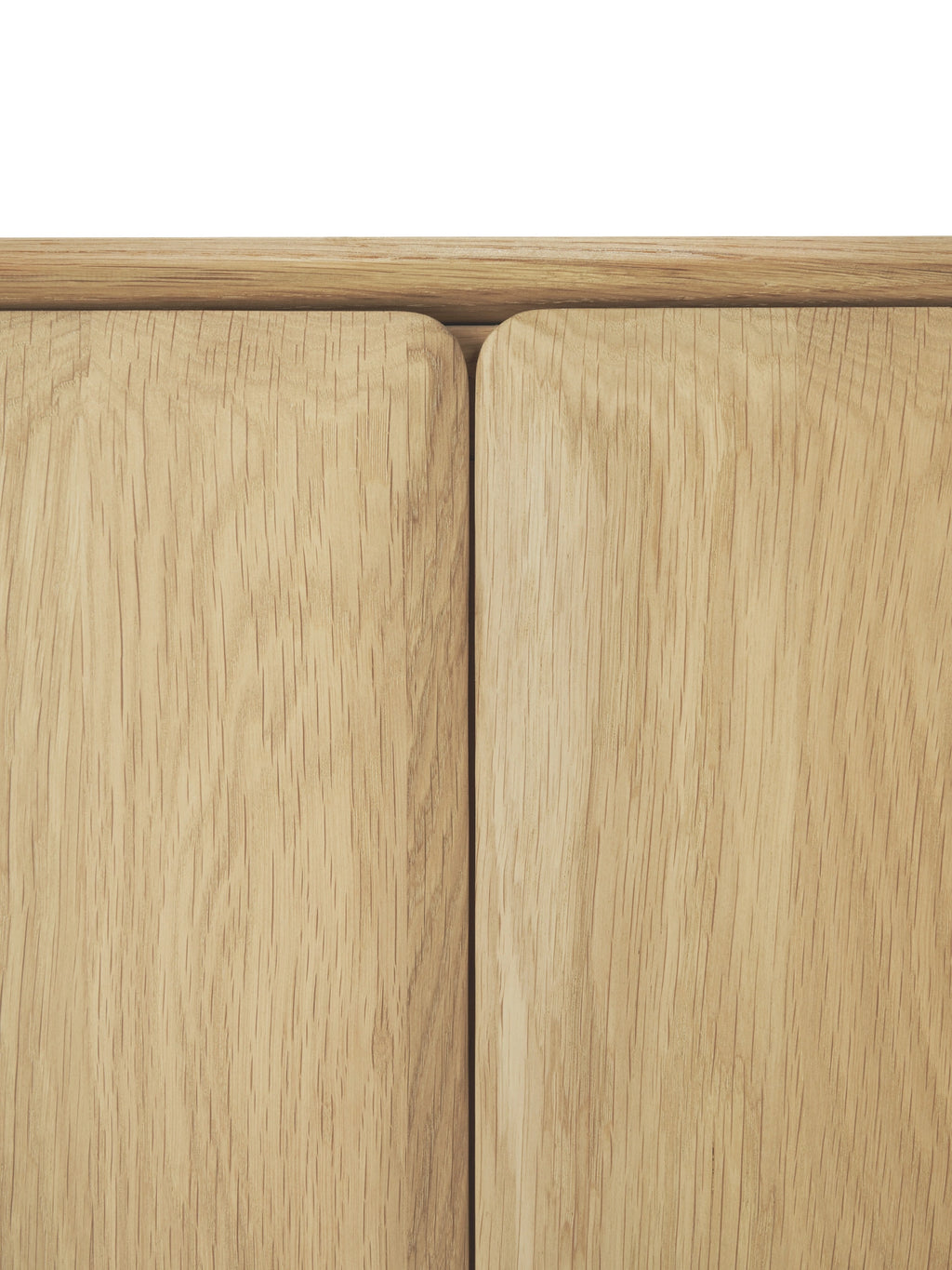 Ethnicraft PI Cupboard, a modern minimalist solid oak storage cabinet featuring light natural wood with a distinct wood grain and gently rounded edges on its doors. This Scandinavian-inspired oak cupboard offers clean lines and warm oak tones, perfect for contemporary living rooms or organic modern interiors.