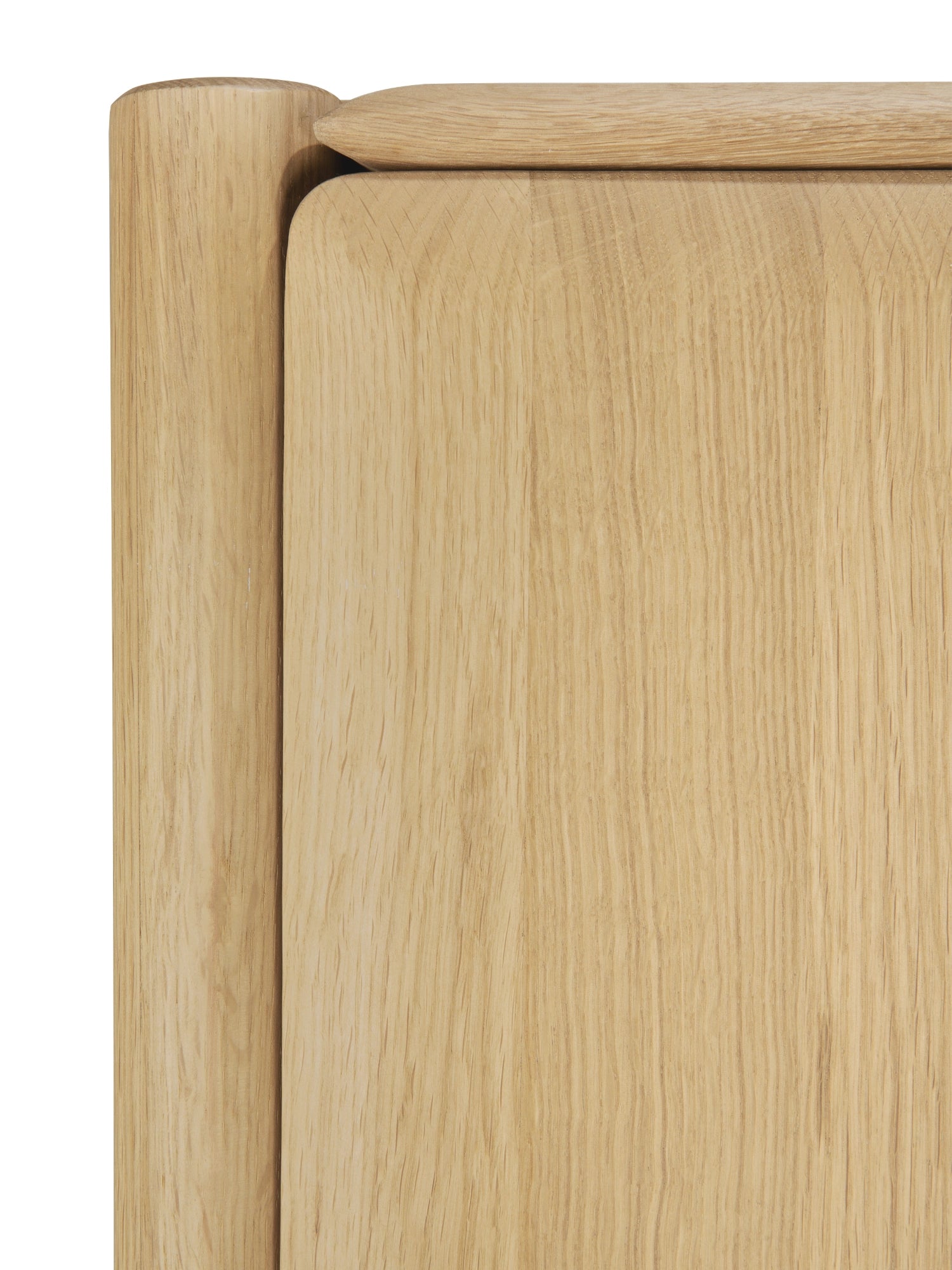 Ethnicraft PI Cupboard, a modern minimalist storage cabinet crafted from light natural solid oak wood, featuring smooth, rounded edges and a distinctive interlocking design detail. This contemporary oak furniture piece highlights the warm, visible vertical grain of the wood, bringing an organic modern aesthetic to any space. Perfect for elegant wooden storage in Scandinavian living rooms, Japandi dining areas, or minimalist bedrooms.