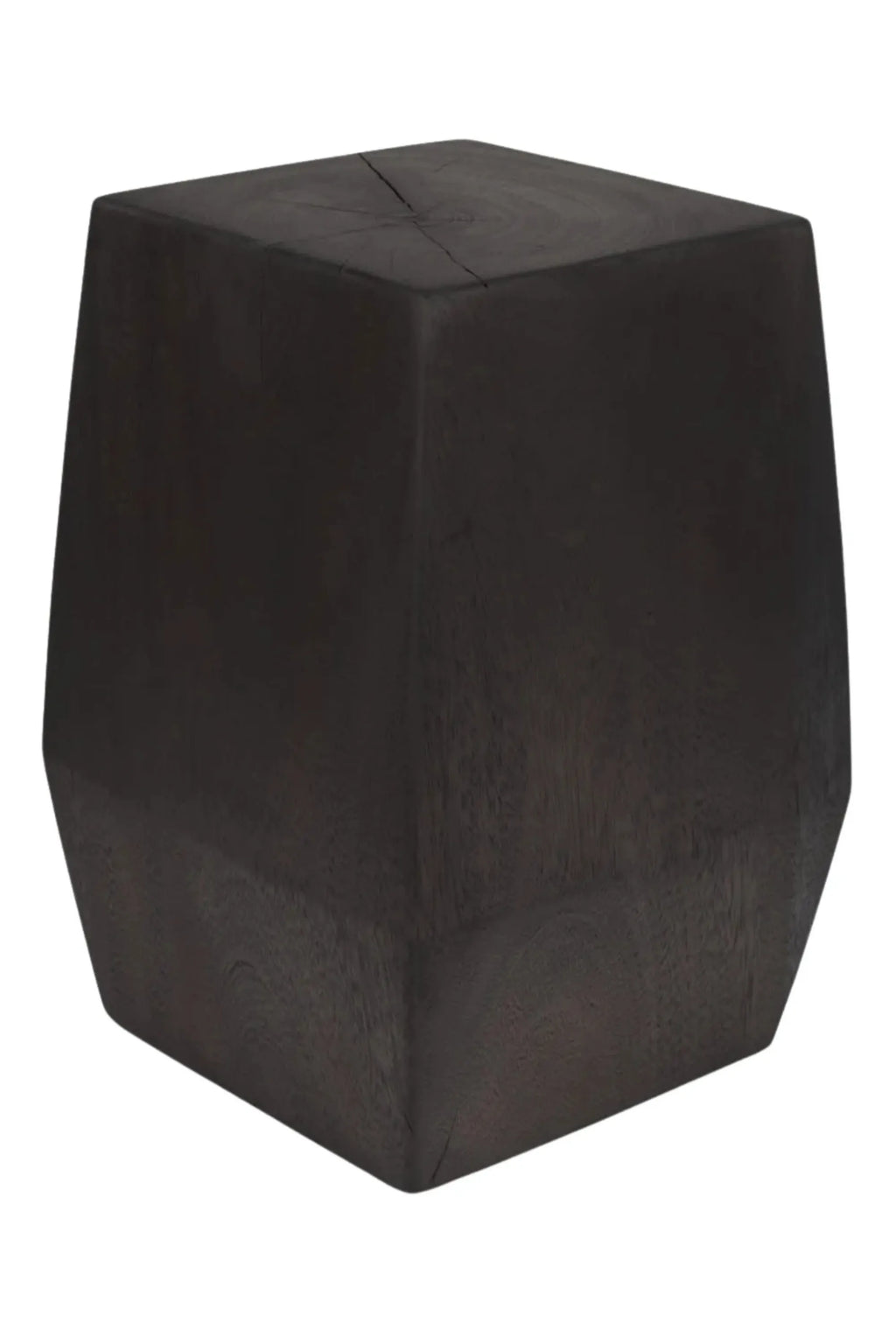 Detjer Stool S.A.S. 005, a modern minimalist solid wood stool crafted from dark, almost black, stained wood with visible natural grain and subtle surface cracks on the top. This sculptural piece features a striking geometric, tapered cuboid shape, blending brutalist and organic modern aesthetics. Ideal as a versatile dark wood side table, plant stand, or accent furniture for contemporary living rooms, bedrooms, or entryways.