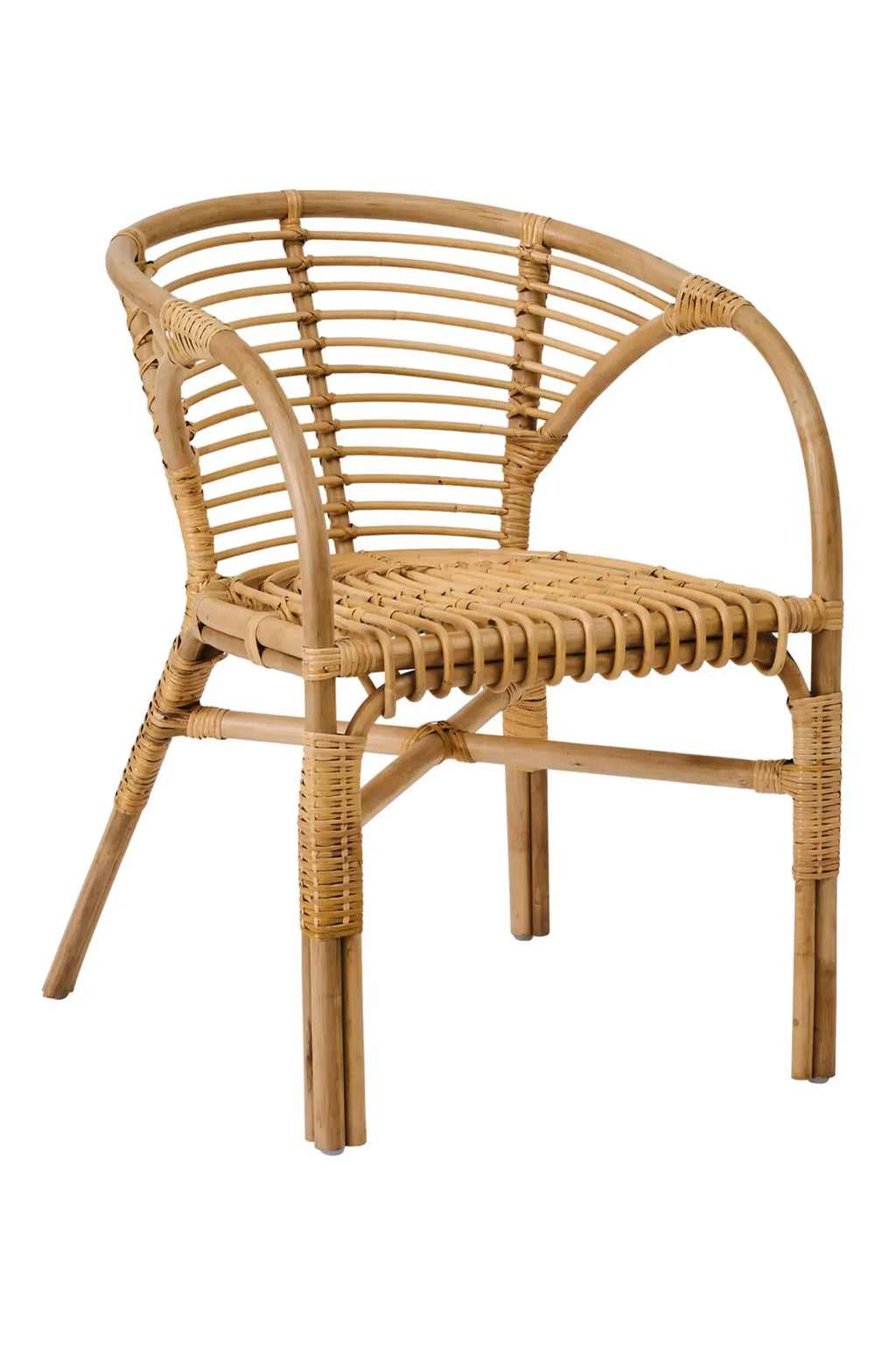 Tine K Dola Rattan Chair - Set of 2, a light natural rattan dining chair featuring a curved backrest and armrests with a slatted design, handcrafted from warm honey-toned rattan poles and intricate woven details. This boho-chic and organic modern accent chair set is perfect for coastal dining rooms, covered patios, or adding a natural touch to living spaces.