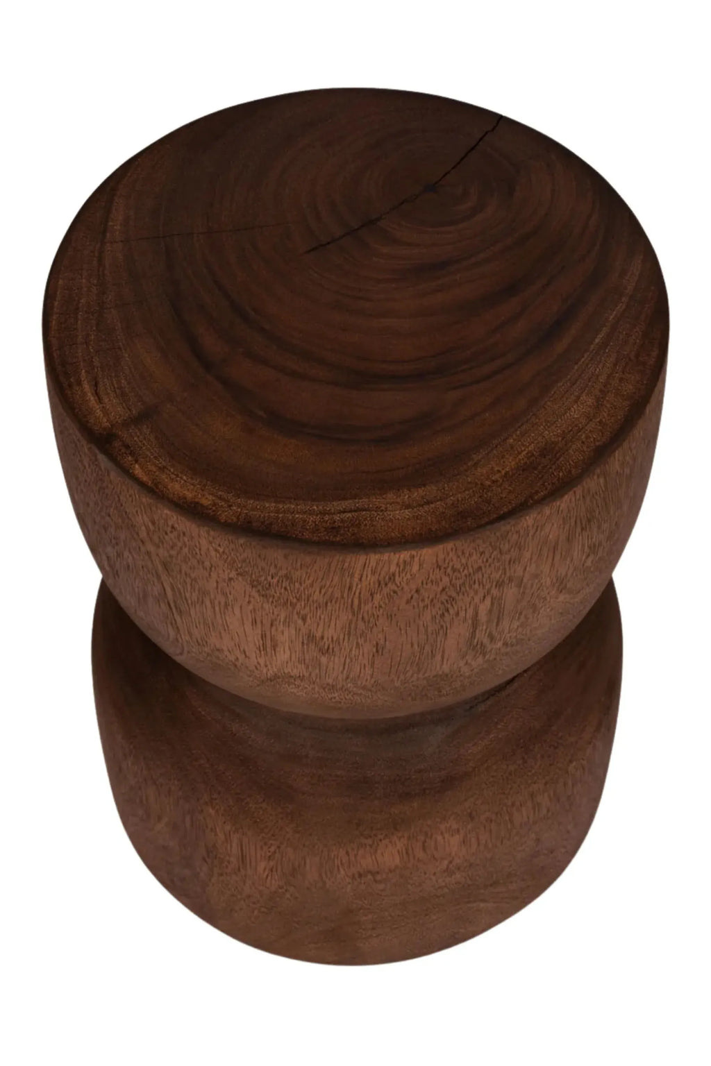 Detjer Stool S.A.S. 004, an organic modern solid dark brown wood stool carved from natural hardwood, showcasing a distinctive hourglass silhouette with visible wood grain and authentic.