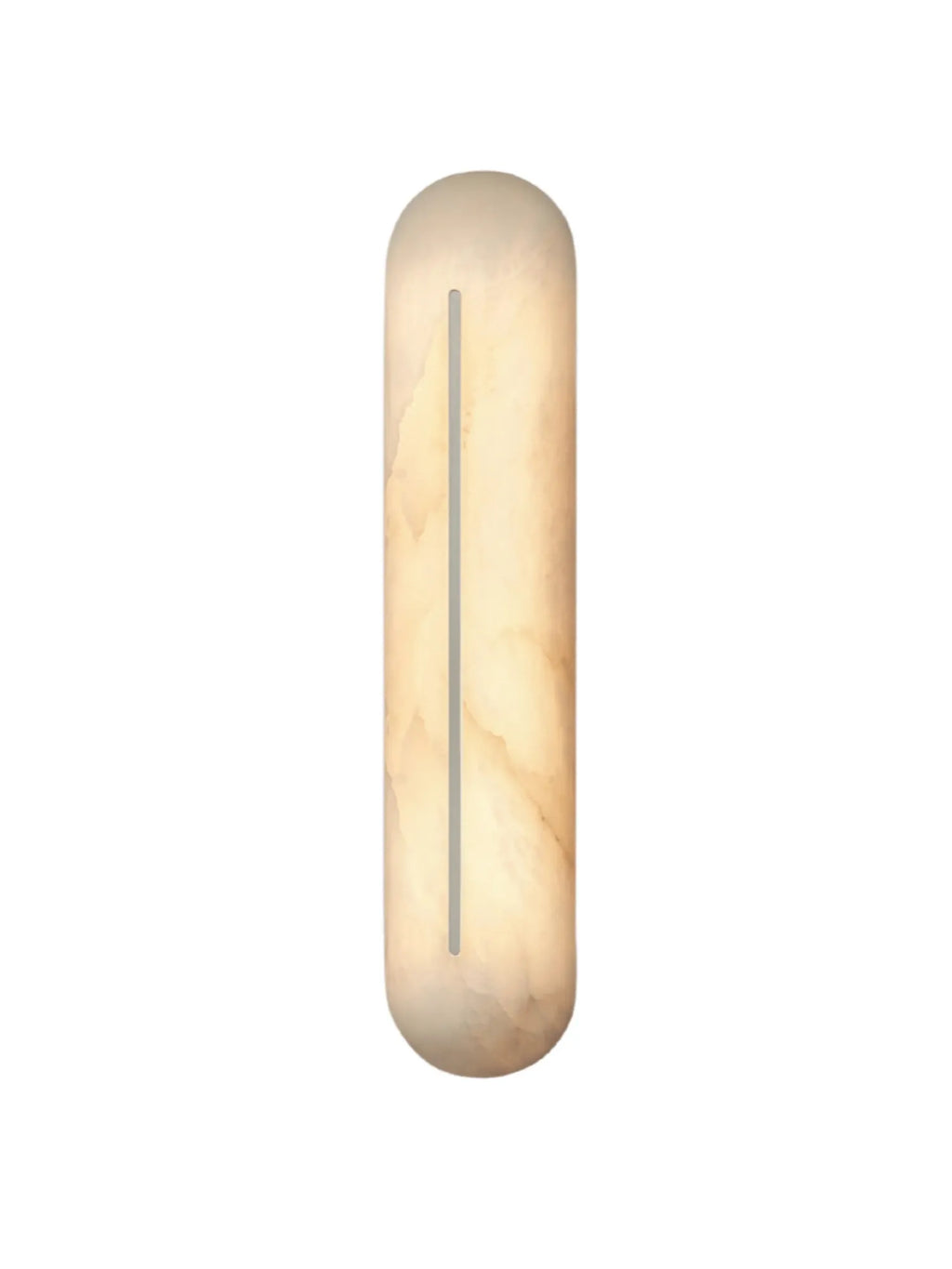 CTO Lighting Hepworth Wall Light, a modern minimalist wall sconce crafted from translucent natural alabaster in warm cream and ivory tones, featuring delicate organic veining and a sleek vertical metallic accent strip. Its elongated capsule shape with rounded ends provides soft, diffused ambient lighting, ideal for luxury contemporary interiors, adding sophisticated accent lighting to hallways, living rooms, or bedrooms.