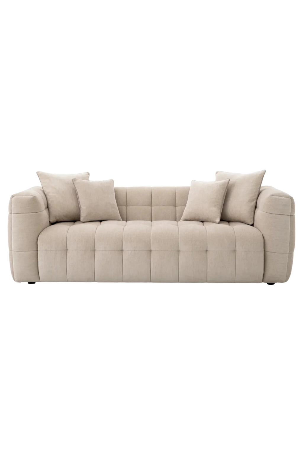 Eichholtz Breva Sofa, a contemporary 3-seater sofa upholstered in a light beige textured fabric with distinct square quilting across its back and seat, offering a plush, inviting feel. Its generous proportions, low profile, and subtly rounded arms create a modern minimalist aesthetic. This neutral upholstered couch is ideal for a stylish living room or spacious lounge area.