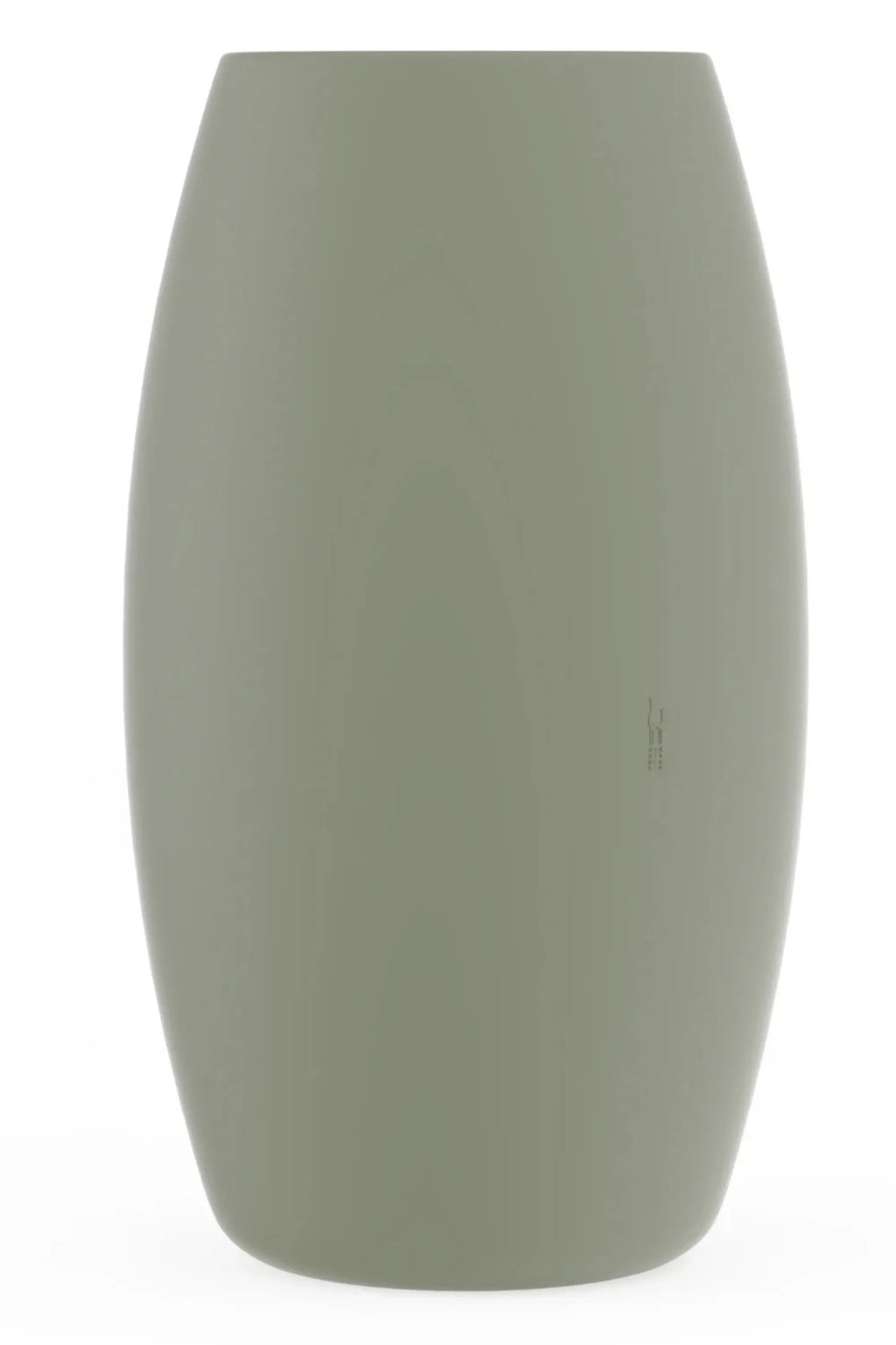 Gandia Blasco Sahara Outdoor Planter 2, a modern minimalist outdoor planter in a muted sage green, crafted from durable polyethylene with a smooth, matte texture and a distinctive oval, barrel-like silhouette. This large contemporary garden planter is perfect for adding organic modern style to patios, decks, or entryway landscaping, enhancing any outdoor living space.