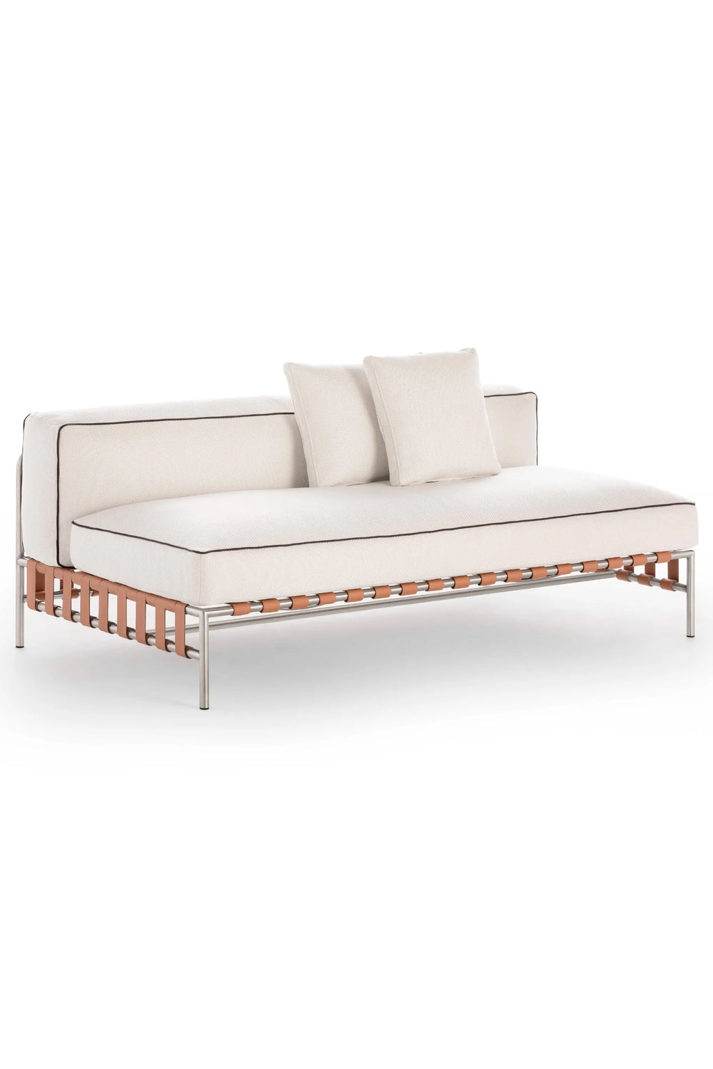 Gandia Blasco Onsen Sectional 4, a modern minimalist outdoor daybed featuring a sleek brushed stainless steel frame. The base is accented with natural leather straps supporting plush cream-colored outdoor fabric cushions with dark contrast piping. This contemporary chaise lounge is ideal for luxurious patio seating, poolside lounging, or creating an organic modern outdoor living space.