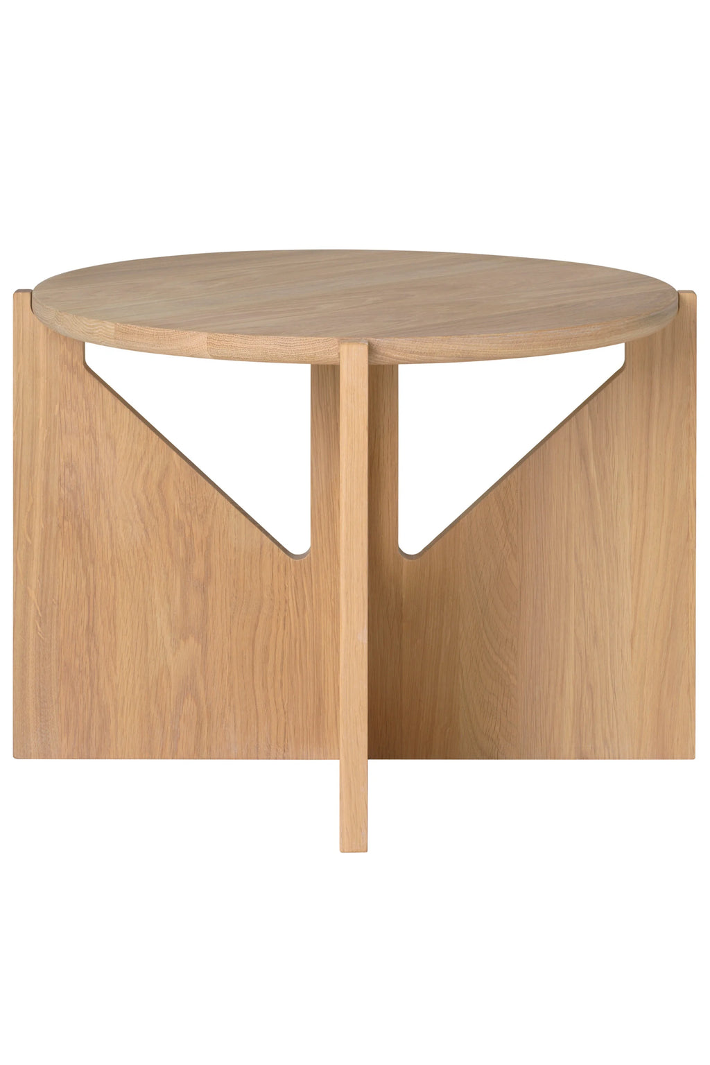 Kristina Dam Simple Coffee Table, a modern minimalist round coffee table crafted from light natural solid oak wood with visible grain, featuring a clean circular tabletop supported by a unique geometric base with triangular cutouts. This contemporary Scandinavian design offers a warm, organic modern aesthetic, perfect as a central living room coffee table or a stylish accent piece in a minimalist bedroom.