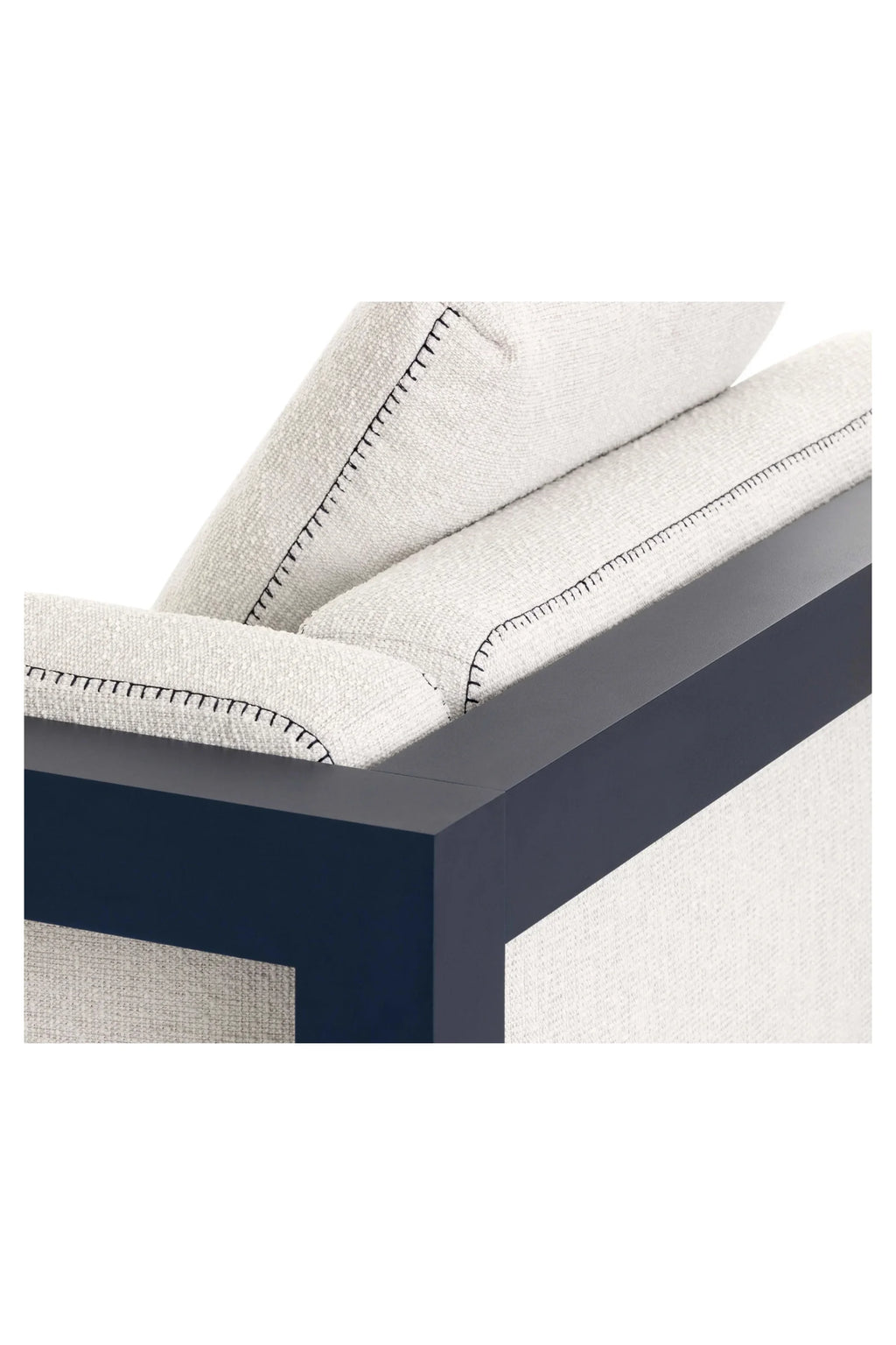 Gandia Blasco Islablanca Outdoor Sofa - Sectional 1, a modern outdoor sofa featuring a durable dark navy blue matte metal frame and plush light grey textured outdoor fabric cushions with striking black contrast stitching. This contemporary outdoor sectional is perfect for creating a minimalist outdoor living room or stylish patio lounge area.