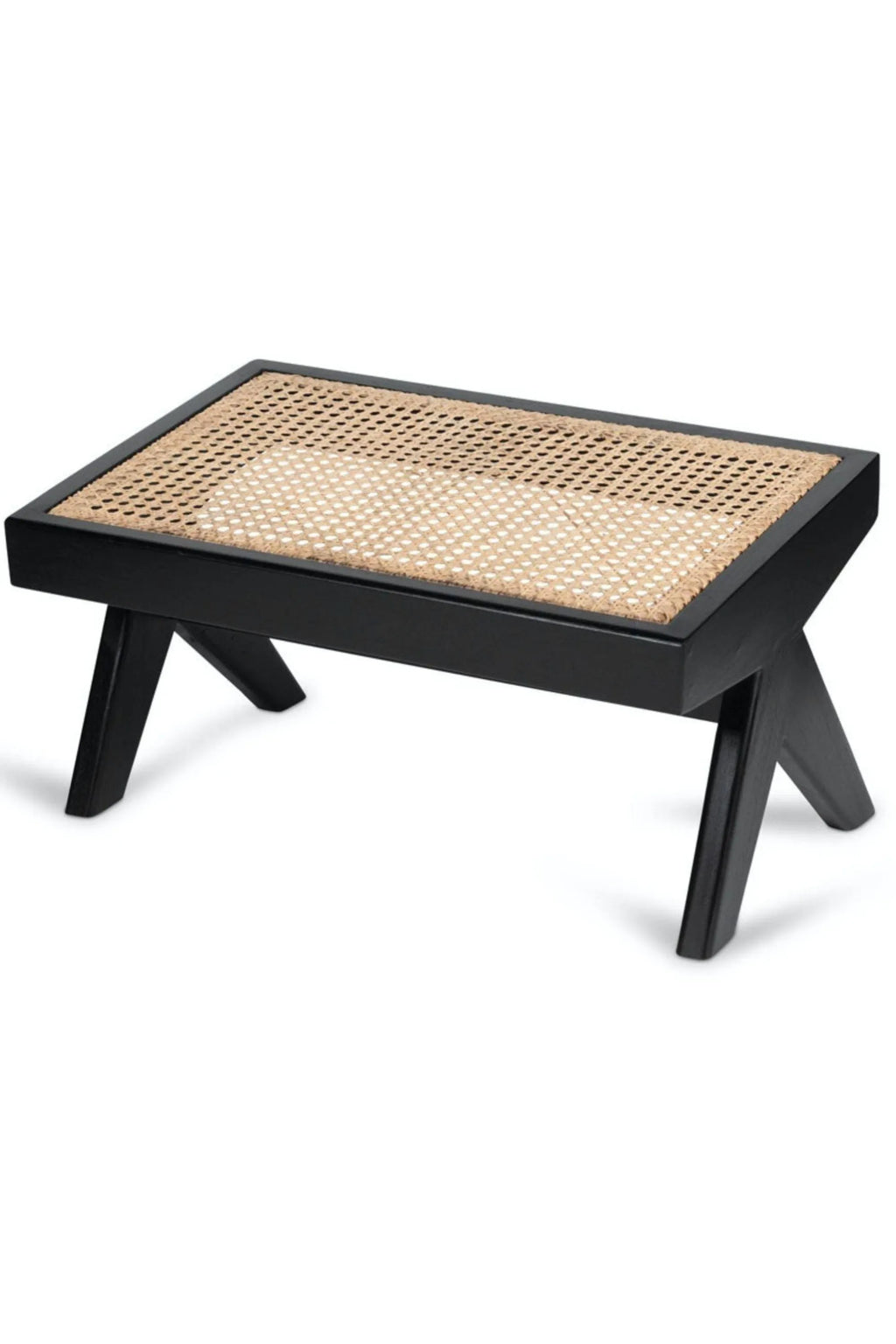 Detjer Chandigarh Kangaroo Footstool, a modern, elegant black wood footstool with a premium hand-woven cane seat. This stylish and durable piece adds a touch of sophistication to any living space.