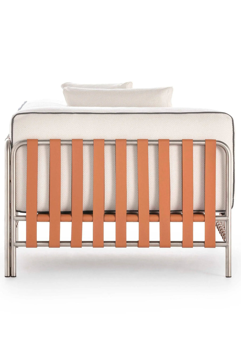 Gandia Blasco Onsen Sectional 3, a modern outdoor sectional sofa featuring a sleek brushed stainless steel frame and cognac-colored synthetic leather straps forming the backrest.