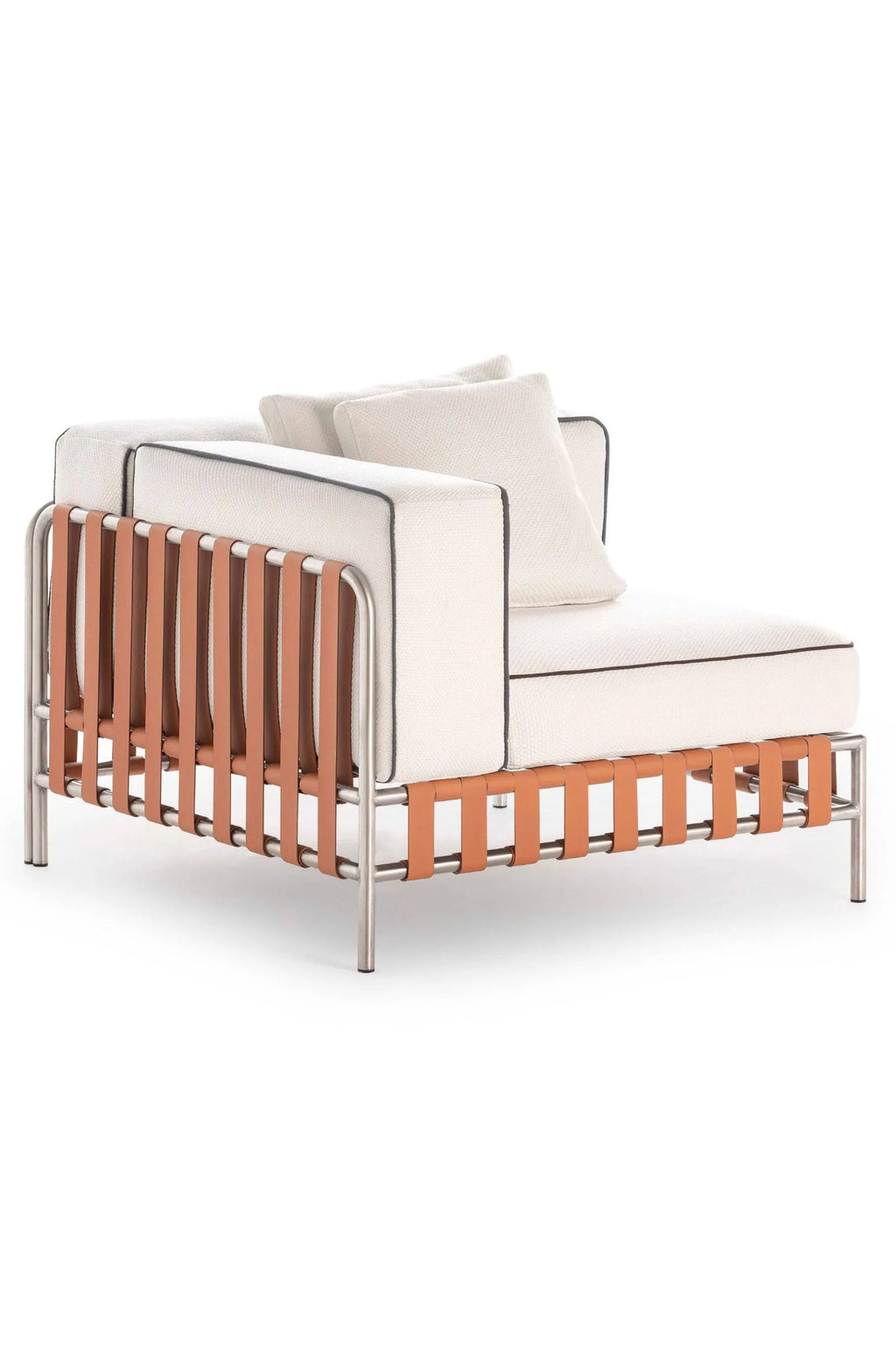 Gandia Blasco Onsen Sectional 6, a contemporary outdoor lounge chair module featuring a sleek brushed stainless steel frame with distinctive tan faux leather straps forming a striking open-weave back and armrests. It's upholstered with plush, textured cream fabric cushions accented with dark contrast piping, providing comfortable and stylish seating. Perfect for creating a modern minimalist outdoor living room or a sophisticated patio lounge area.