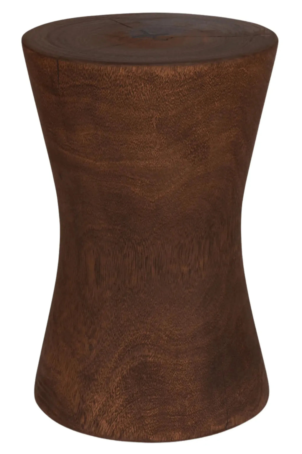 Detjer Stool S.A.S. 002, a dark brown solid wood stool featuring a distinctive hourglass shape and a rich, textured finish, showcasing natural wood grain and organic imperfections. This versatile piece serves as a minimalist side table, rustic accent stool, or contemporary plant stand for living rooms, bedrooms, or entryways, blending seamlessly with organic modern and Japandi interior styles.