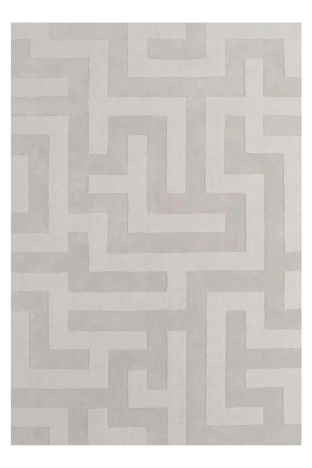 Layered Byzantine Grand Wool Rug, featuring a light grey maze-like geometric pattern in luxurious wool with a textured finish. Perfect for adding a sophisticated, modern accent to any living space...