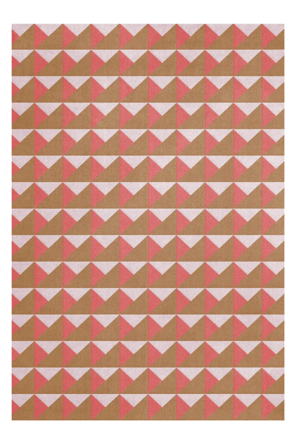 Layered Triangle Wool Rug, featuring a repeating geometric pattern of coral pink, light pink, and brown triangles. Perfect for adding a modern and colorful accent to any living space or bedroom.