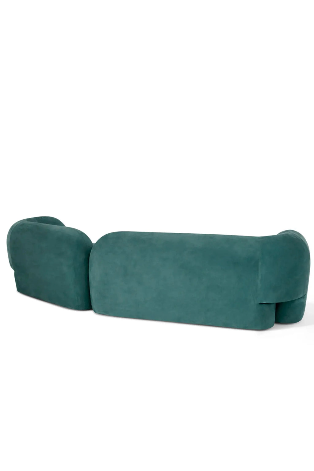 Hessentia Gio Curved Sofa, a luxurious deep teal velvet modular sofa featuring a distinctive organic curved silhouette with plush, rounded edges and a low-profile design.