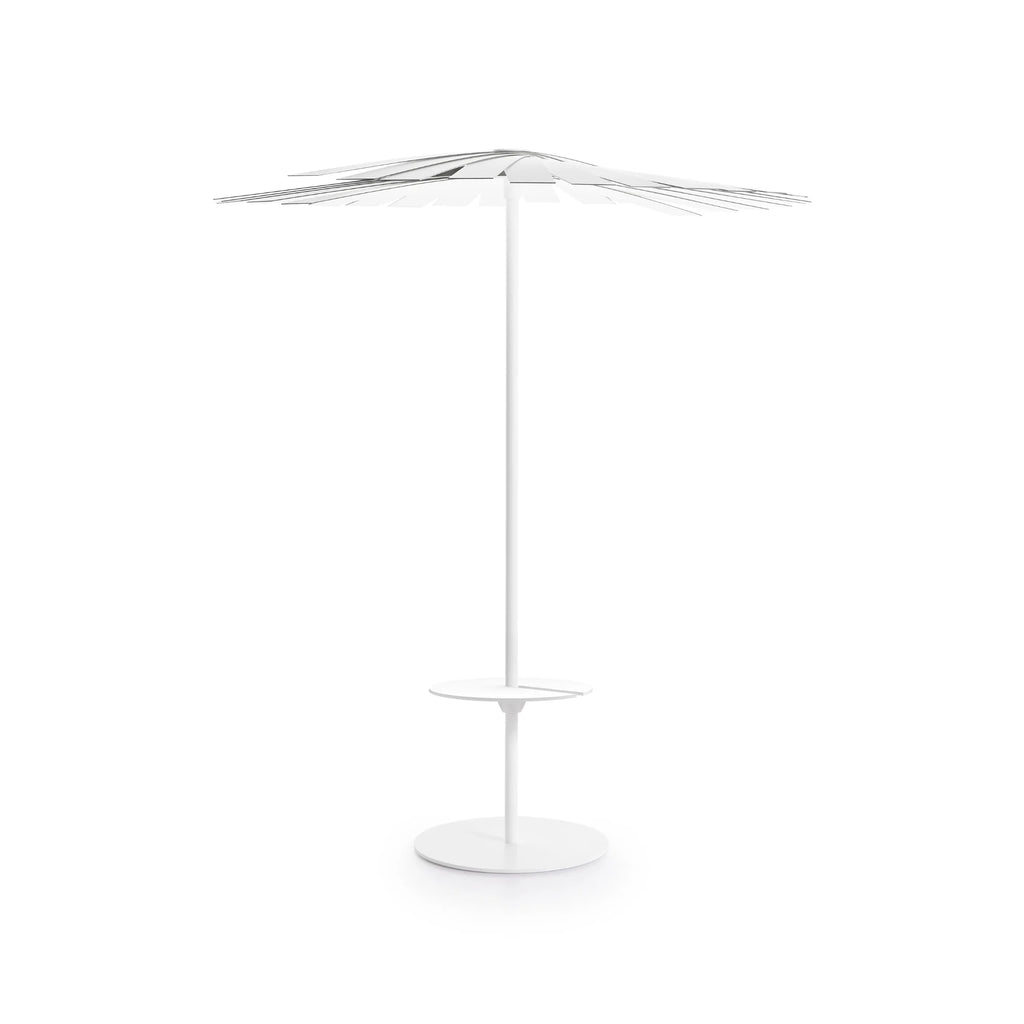 Gandia Blasco Ensombra Folding Parasol with Table, a sleek modern minimalist outdoor parasol crafted entirely from white powder-coated aluminum with a unique architectural design featuring layered, segmented slats for adjustable shade. This contemporary patio umbrella includes an integrated circular side table and a sturdy round base, making it perfect for stylish outdoor living spaces, balconies, or poolside lounging.