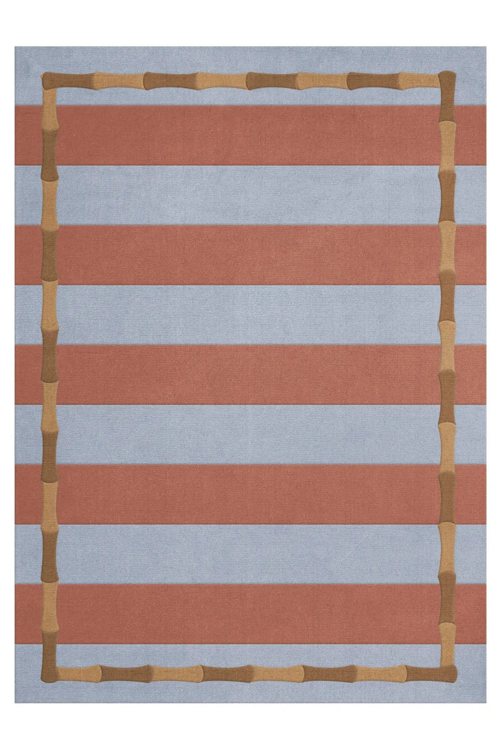 Layered Bamboo Stripe Wool Rug, a hand-tufted wool rug featuring alternating light blue and terracotta horizontal stripes, framed by a natural bamboo-style border. Perfect for adding a coastal or b...