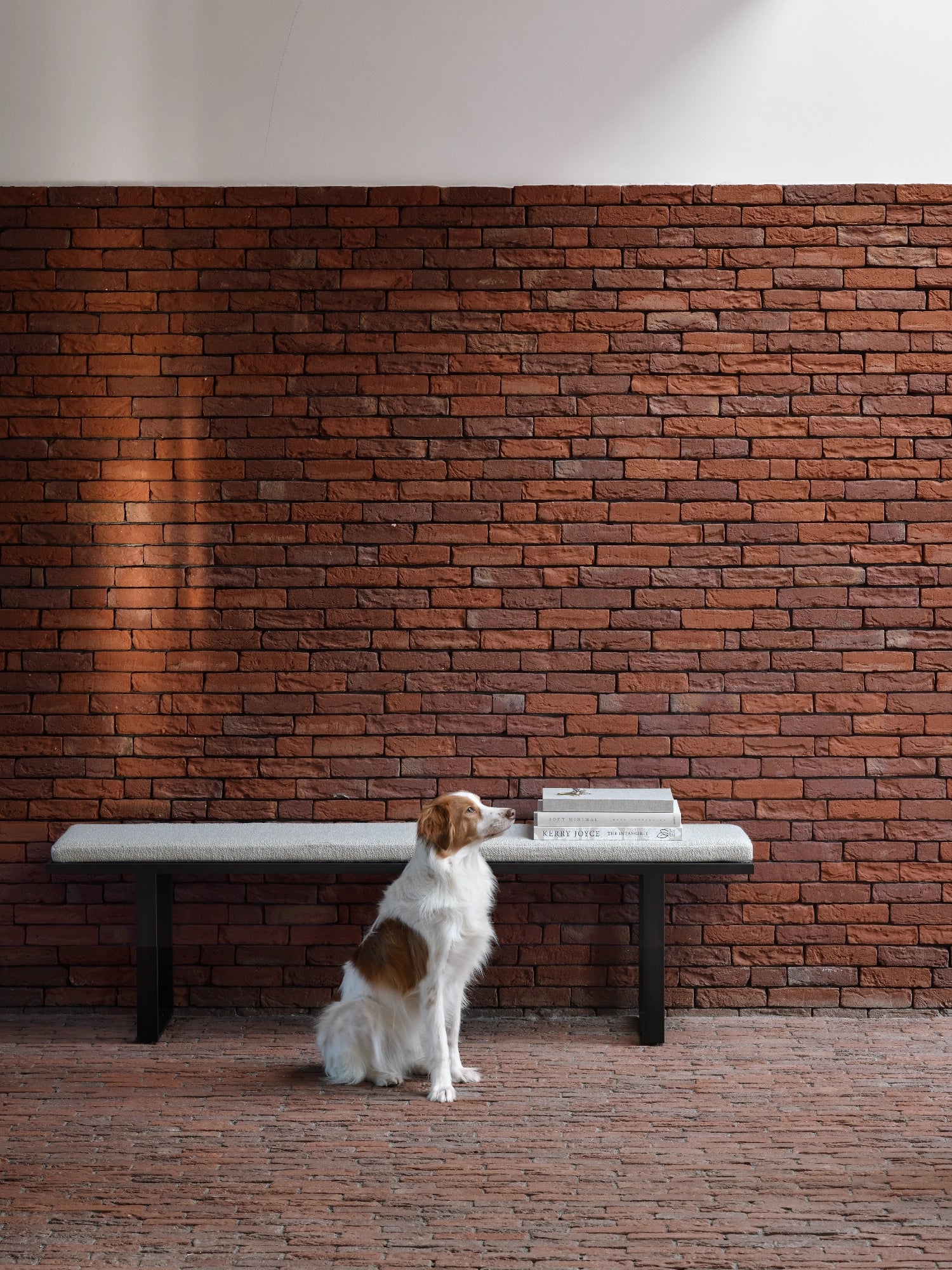 Ethnicraft Stability Bench, a modern minimalist upholstered bench featuring a rectangular seat in light grey textured bouclé fabric atop sturdy matte black metal legs. This contemporary bench offers versatile seating or surface space for an entryway, living room, or bedroom.