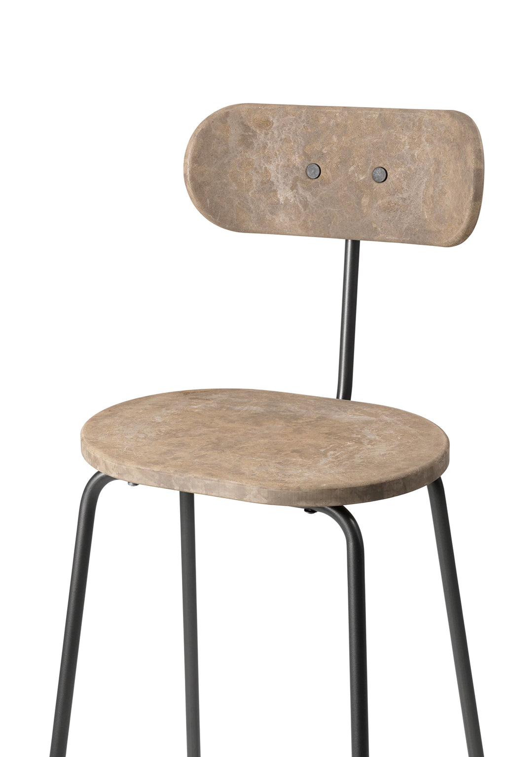 Mater Earth Counter Chair, a detailed shot emphasizing the light brown recycled composite seat and backrest, revealing its natural, earthy tones and texture, against a clean white background.