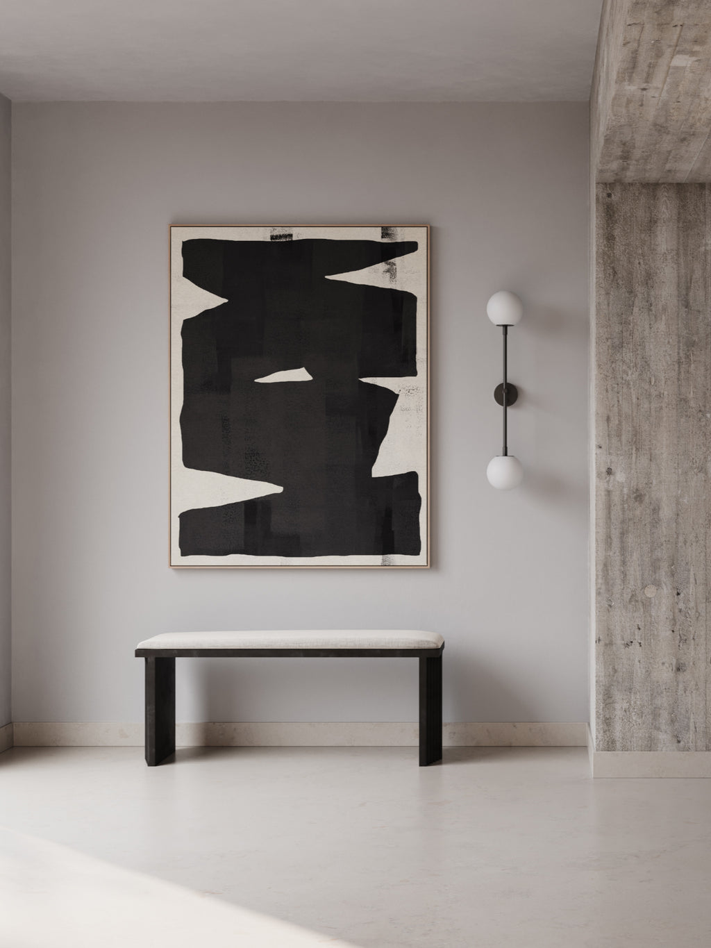 101 CPH Drop Wall Lamp: A sleek, modern black metal fixture with two white spherical glass shades displayed on a light gray wall. Perfect for contemporary interiors.