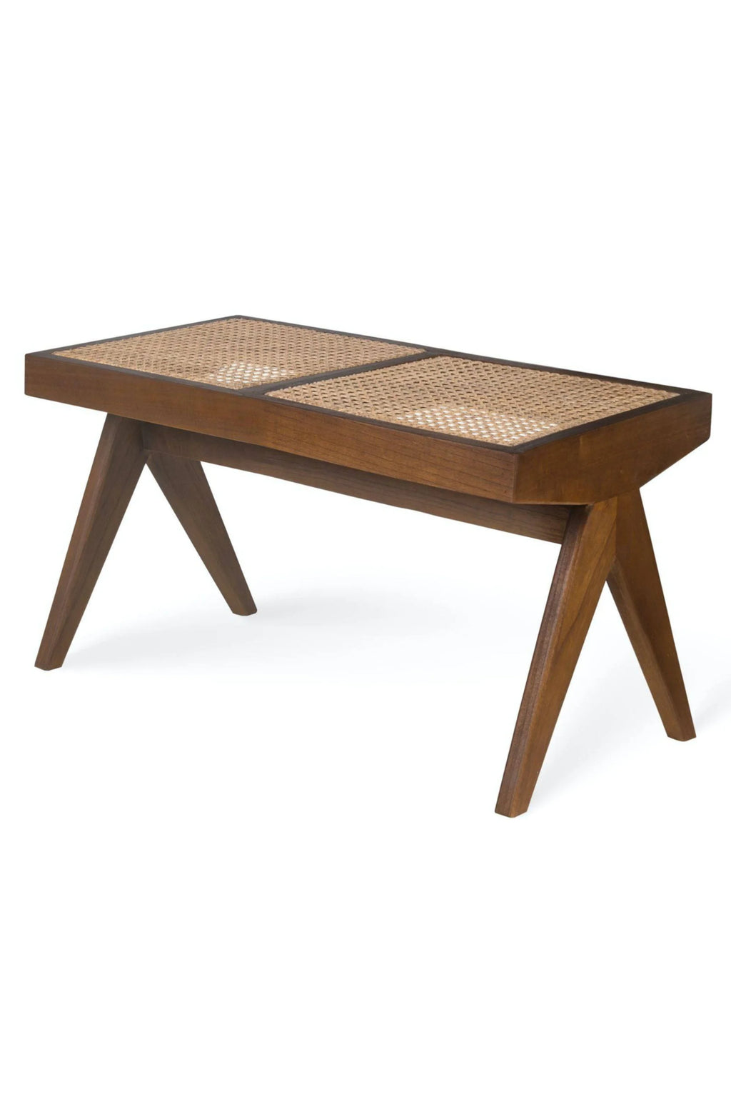 Detjer Rattan Bench 2, a mid-century modern bench crafted from rich dark wood with a rectangular top featuring two sections of natural hand-woven cane rattan. Its distinctive V-shaped angled legs give it a sleek, Scandinavian-inspired profile. Perfect as an entryway bench, living room accent, or bedroom seating for design-conscious interiors.
