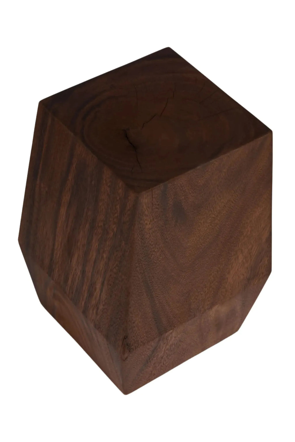 Detjer Stool S.A.S. 005, a dark brown solid walnut wood geometric stool featuring a robust block-like form with subtly faceted sides and a smooth, rich natural wood grain. This contemporary minimalist design piece functions perfectly as a sculptural side table, display plinth, or accent stool for modern living rooms and organic brutalist interiors.