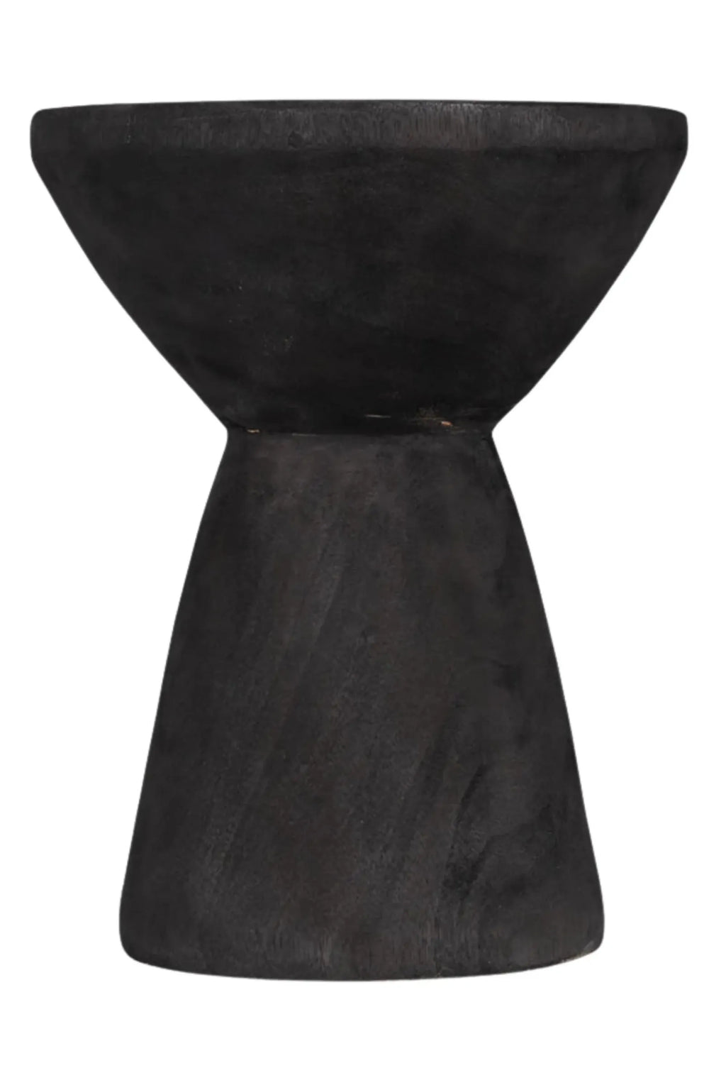 Detjer Stool S.A.S. 006, a sculptural matte black solid wood stool featuring a distinctive geometric hourglass silhouette with a subtle wood grain texture. This modern minimalist accent stool or side table blends seamlessly into contemporary, organic modern, or brutalist interior designs. Perfect for a living room, bedroom, or entryway console.