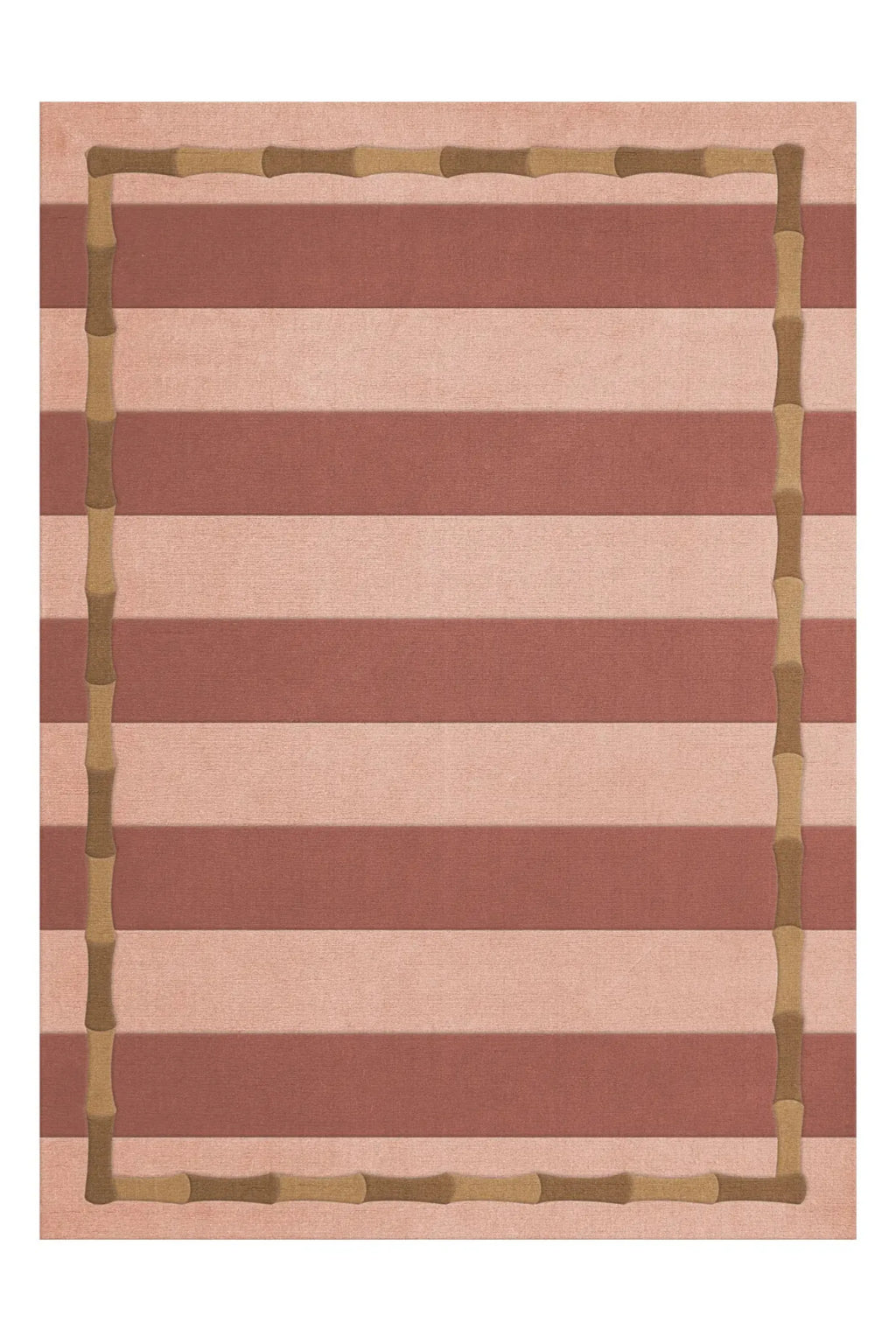 Layered Bamboo Stripe Wool Rug, featuring a natural light and dark brown bamboo-style border framing a pattern of alternating light peach and rust-colored horizontal stripes. Perfect for adding a n...