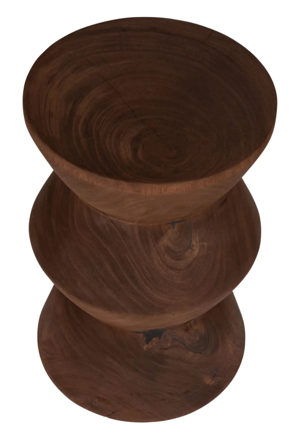 Detjer Stool S.A.S. 003, a sculptural solid dark wood stool with a distinctive hourglass silhouette, hand-carved to showcase its rich brown tones and natural wood grain. This organic modern accent table provides versatile styling as a contemporary side table, bedside stool, or unique plant stand for minimalist and brutalist interiors.