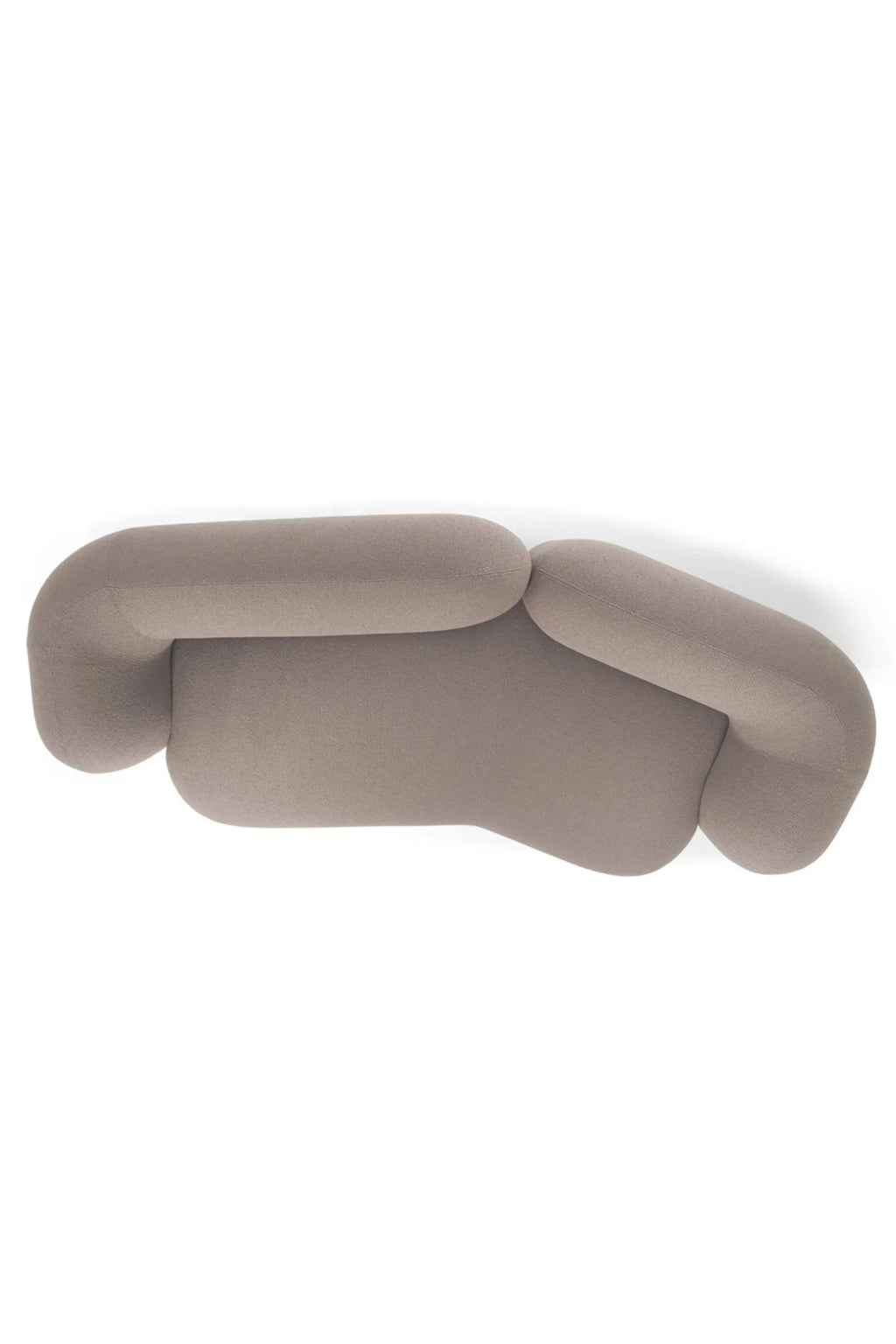 Hessentia Gio Curved Sofa, a contemporary organic modern sofa featuring a plush, textured greige upholstery and a distinctive curved, sculptural silhouette with rounded arms and back. This minimalist design offers inviting deep seating, perfect as a statement piece for modern living rooms or sophisticated lounge areas.