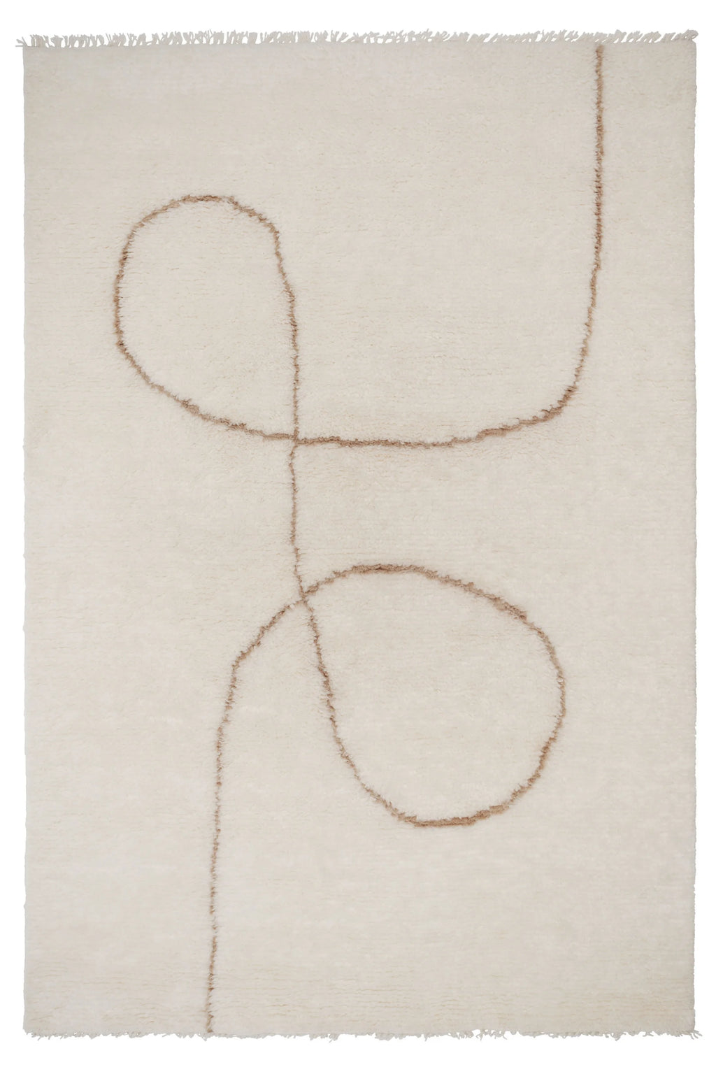 Linie Design Astral Spiral Wool Rug, a plush cream hand-tufted wool area rug featuring a distinct organic abstract spiral design in contrasting light brown with subtle texture. This modern minimalist rug offers a soft pile and fringed edges, perfect for Scandinavian living rooms or organic modern bedrooms seeking a cozy, contemporary accent.