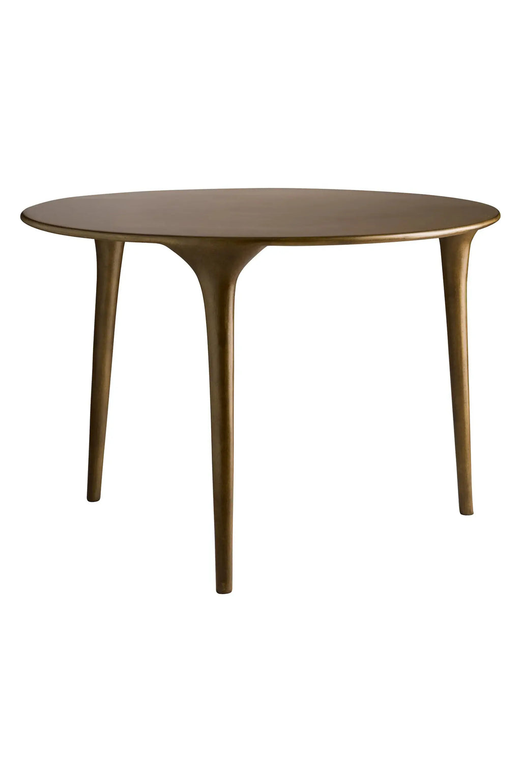 Tine K Feel Recycled Aluminium Table, an organic modern round coffee table crafted from recycled aluminium with a rich antique bronze finish. This sculptural metal coffee table features a smooth, circular top supported by three elegantly tapered legs that flow seamlessly from the tabletop. Perfect as a contemporary living room accent or for minimalist and industrial chic interiors.
