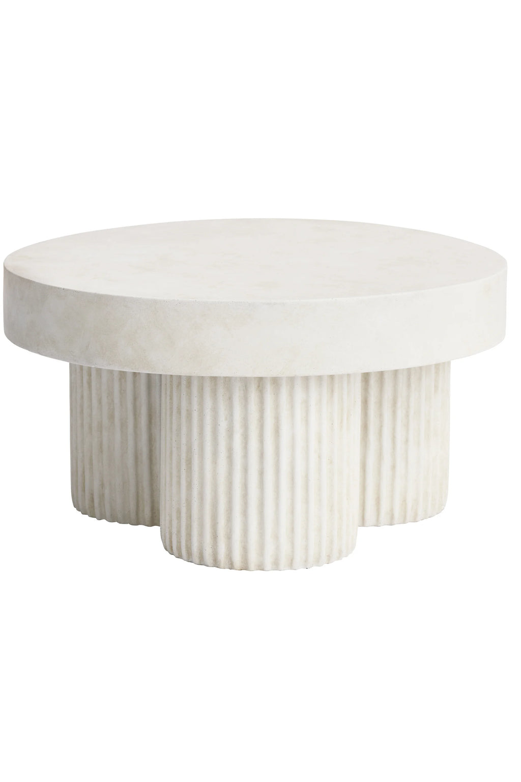Round white marble coffee table with ribbed base on a white background