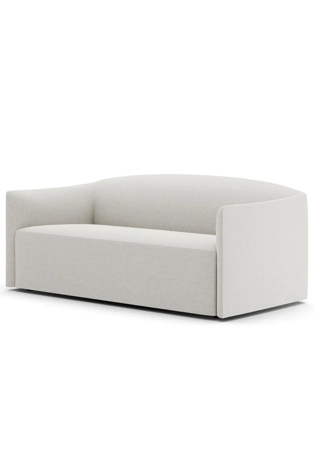 New Works Shore Sofa 2-Seater - Extended Base, a contemporary minimalist sofa upholstered in light neutral fabric with a distinctive gently curved backrest, wide square arms, and a low-profile extended base. This organic modern 2-seater sofa offers plush seating and clean lines, ideal for a refined living room, spacious lounge, or compact apartment.