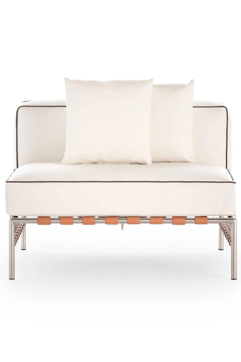 Gandia Blasco Onsen Sectional 3, a modern outdoor sectional sofa featuring plush cream outdoor fabric upholstery with dark brown piping, supported by a sleek brushed stainless steel frame. Natural tan leather straps suspend the seat cushions, complemented by an artisanal rope detail on the legs for a touch of contemporary design. Perfect for luxury outdoor living rooms, modern patios, or poolside lounge areas seeking sophisticated comfort.